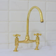 Unlacquered Brass Bridge Curved Legs Faucet, Arched Legs Faucet, Bridge Kitchen Faucet, 2-Hole Kitchen Faucet, Farmhouse Faucet