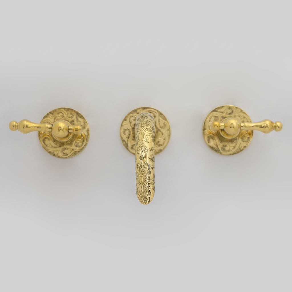 Unlacquered Brass Vintage Wall Mounted Bathroom Faucet with Gold Engraved Finish & Cross Handles