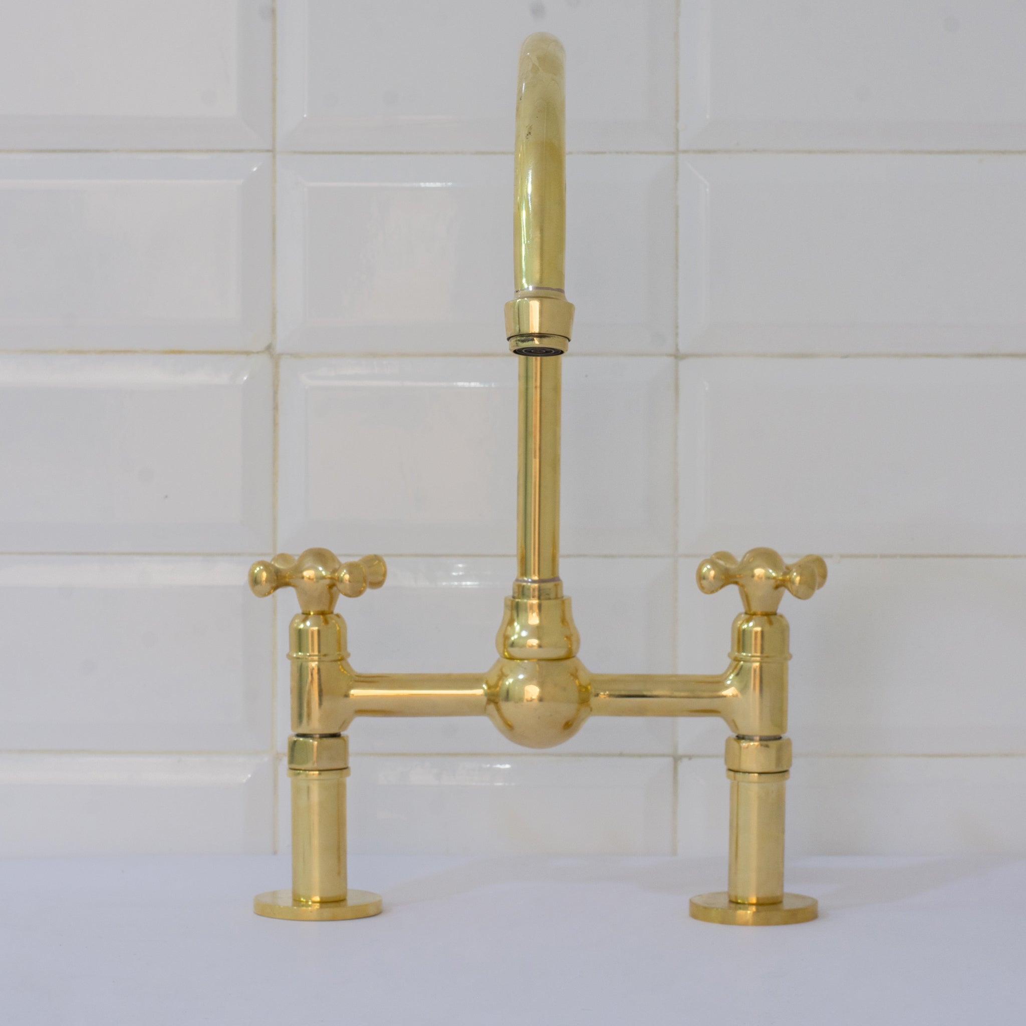 Unlacquered Brass Bridge Faucet, Kitchen Sink Faucet, Simple Cross Handles
