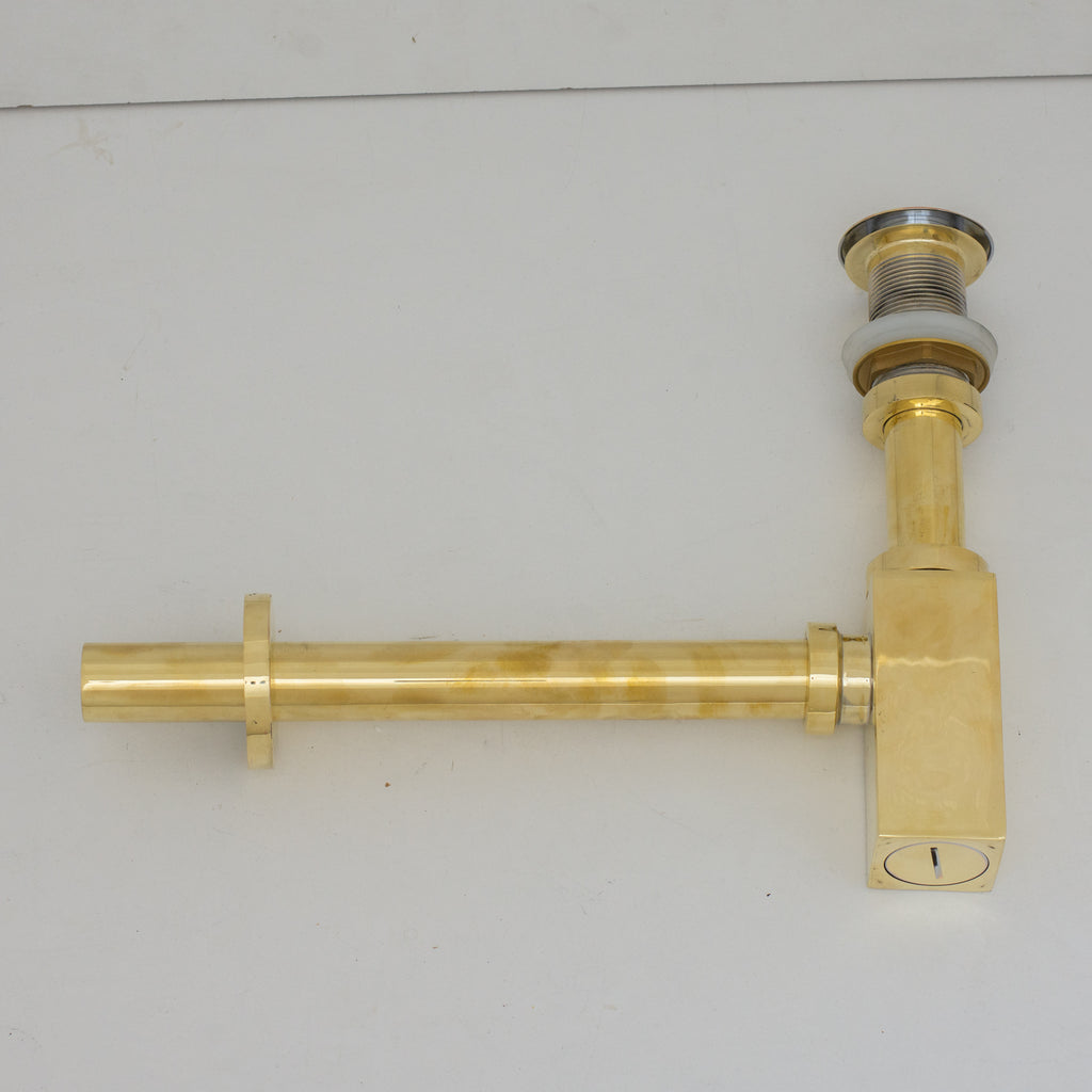 Solid Unlacquered Brass P-trap and Sink Stopper, Push Up Button, Pop Up Drain, Brass Water Trap