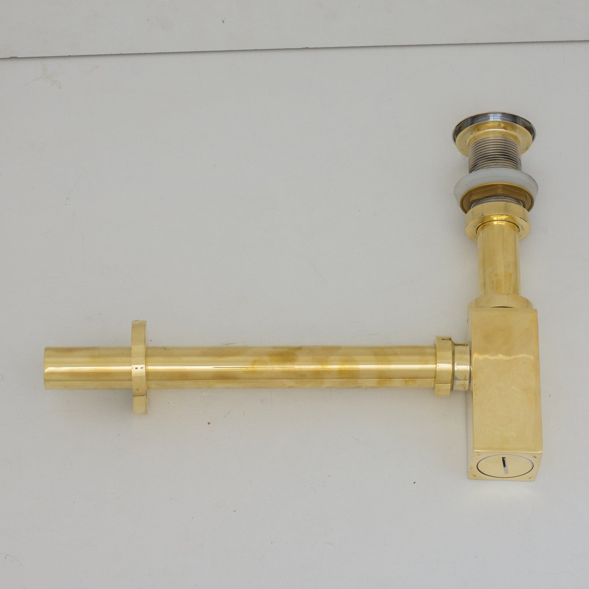 Solid Unlacquered Brass P-trap and Sink Stopper, Push Up Button, Pop Up Drain, Brass Water Trap