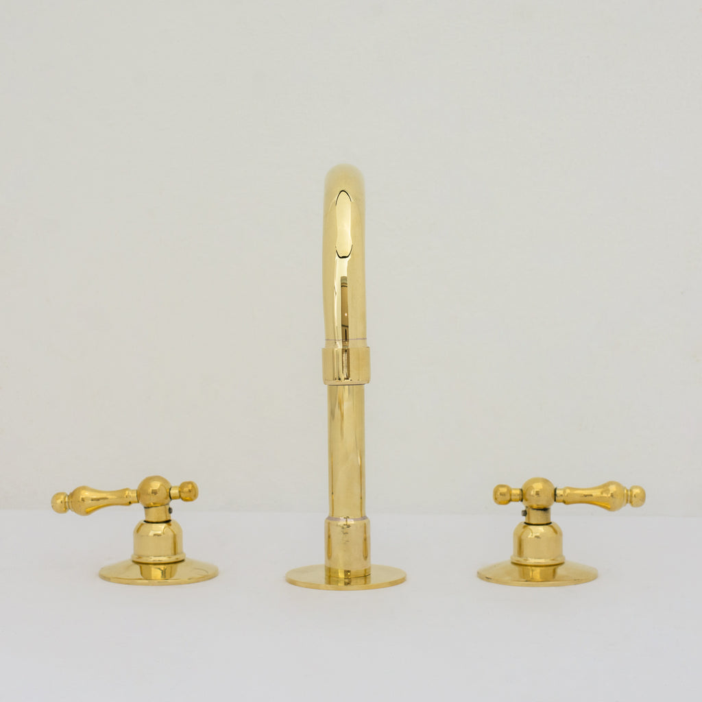 Deck Mounted Unlacquered Brass Faucet, Vanity Sink Faucet, Antique Brass Bathroom Faucet