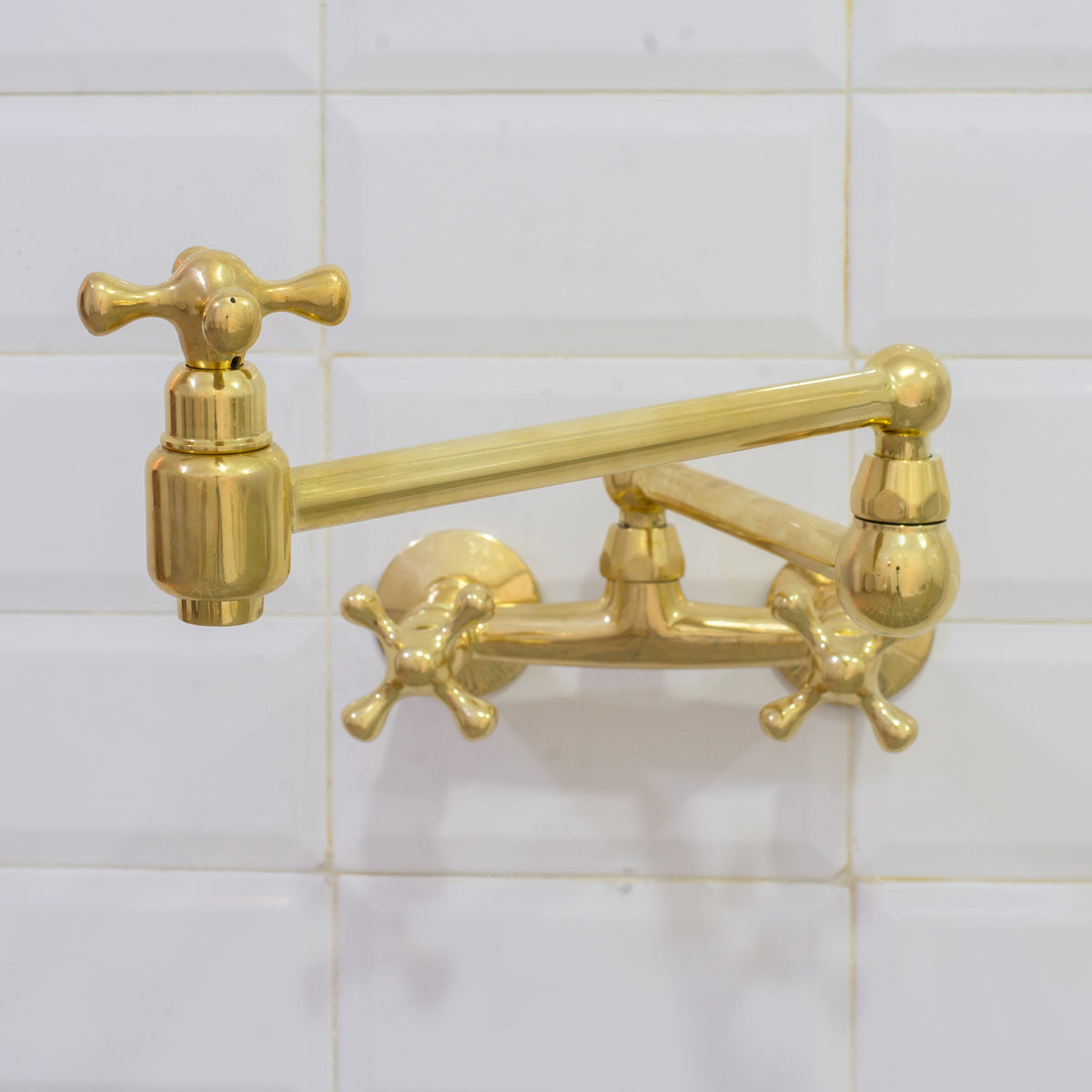 Unlacquered Brass Wall Mount Faucet, Brass Kitchen Faucet, Dual Handle Faucet