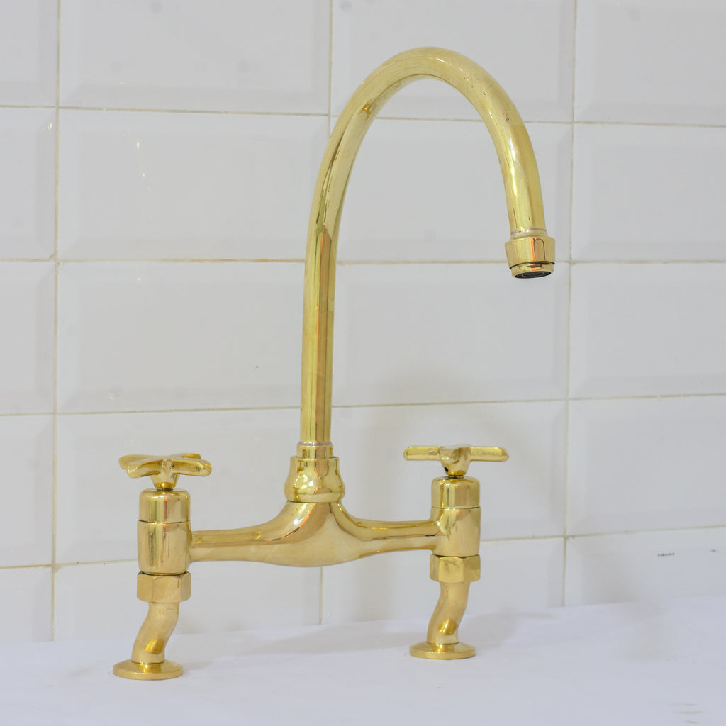 Unlacquered Brass Bridge Curved Legs Faucet, Arched Legs Faucet, Bridge Kitchen Faucet, 2-Hole Kitchen Faucet, Farmhouse Faucet