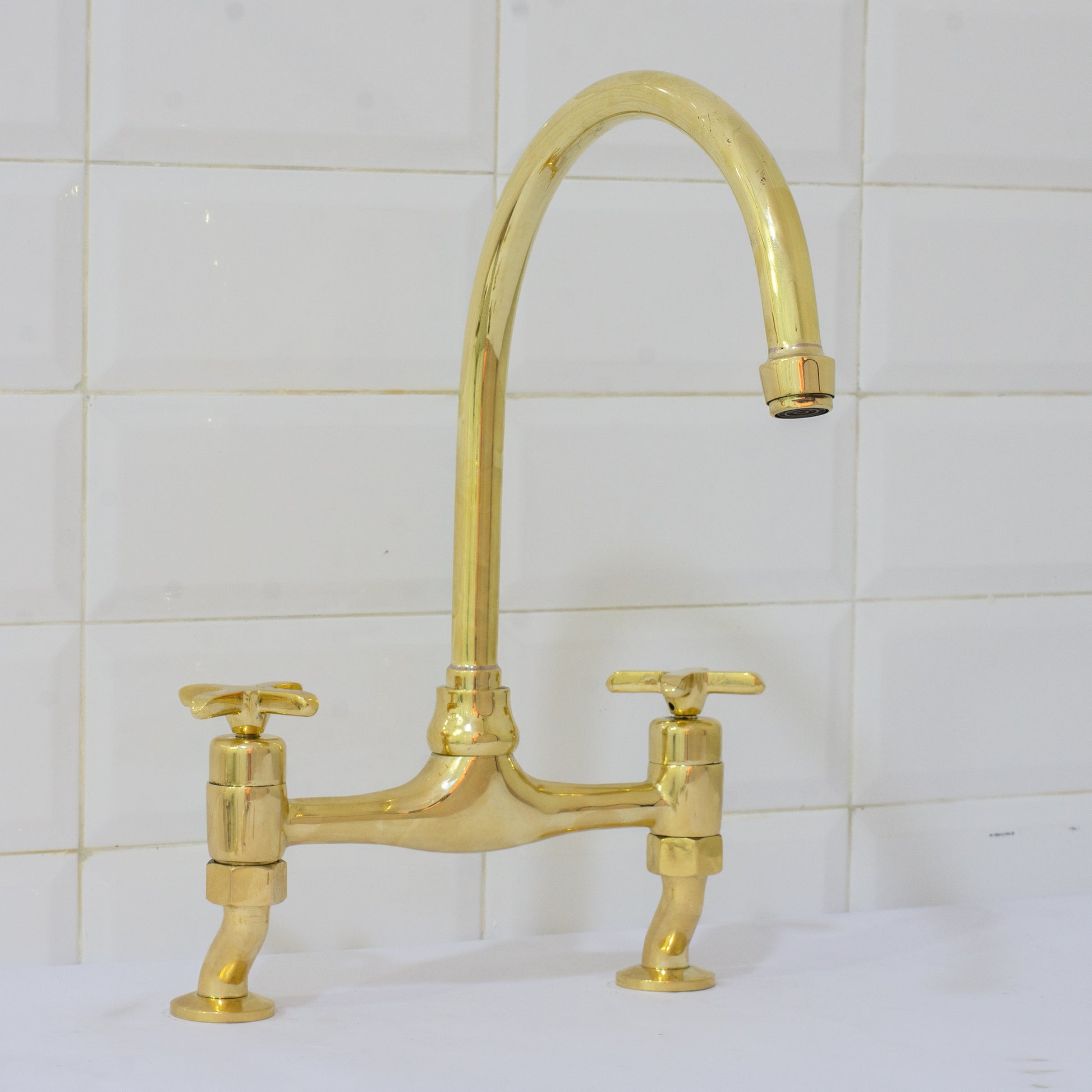 Unlacquered Brass Bridge Curved Legs Faucet, Arched Legs Faucet, Bridge Kitchen Faucet, 2-Hole Kitchen Faucet, Farmhouse Faucet