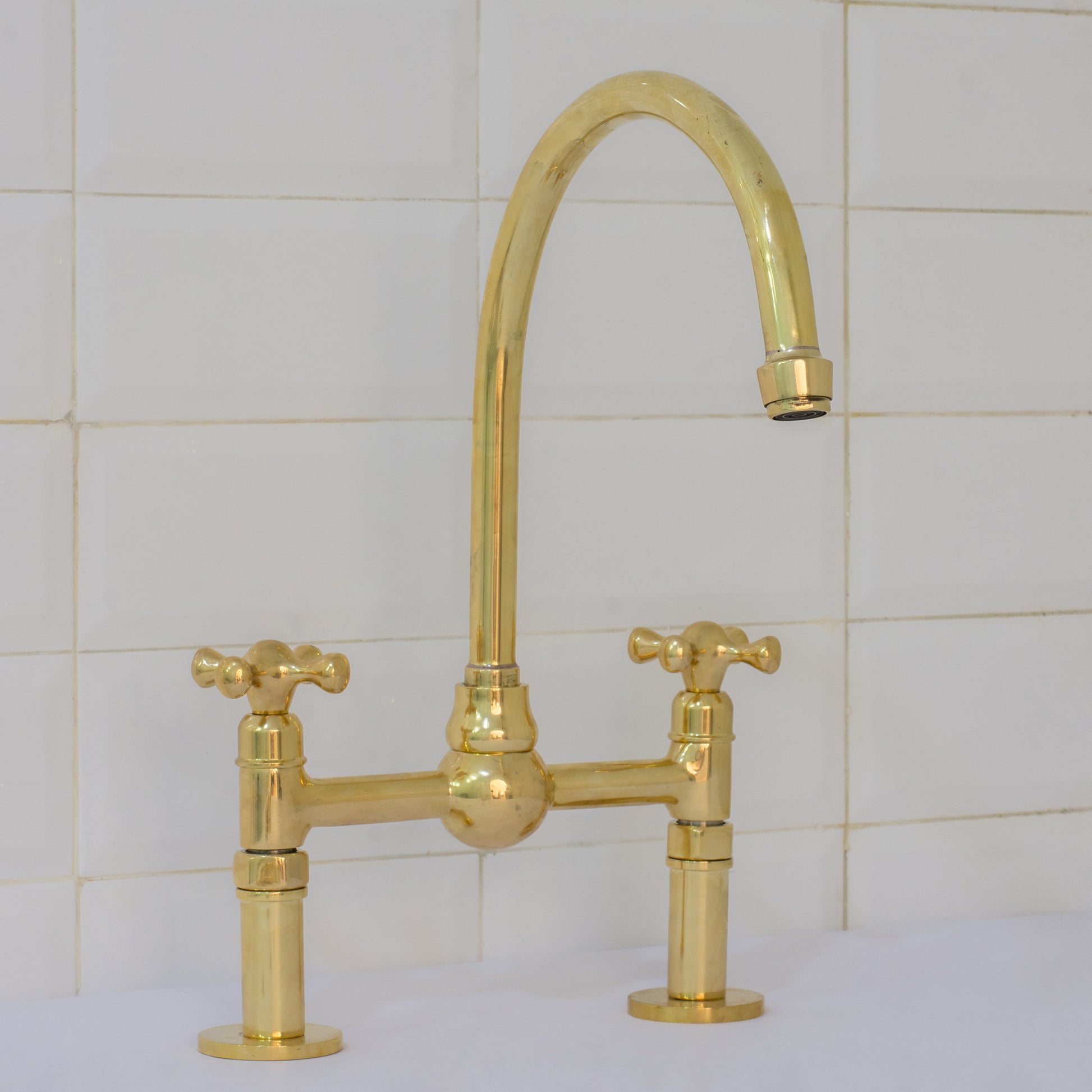 Unlacquered Brass Bridge Faucet, Kitchen Sink Faucet, Simple Cross Handles