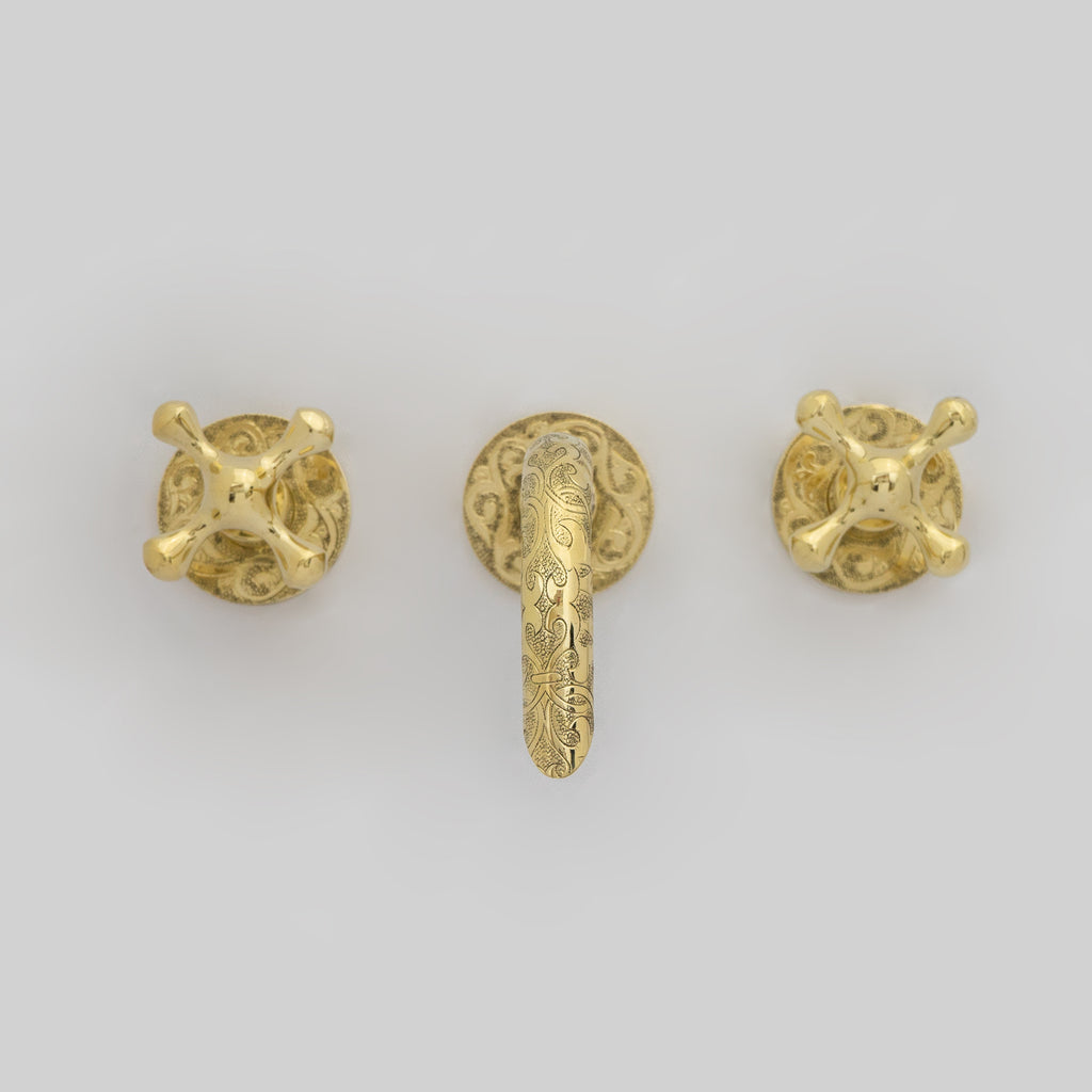 Unlacquered Brass Vintage Wall Mounted Bathroom Faucet with Gold Engraved Finish & Cross Handles