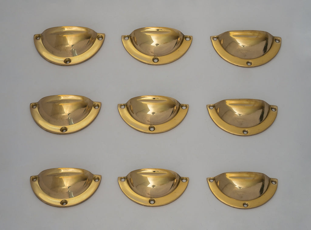 x3 Brass Kitchen Cup Handles, Handmade Cabinet Knobs, Unlacquered Brass Cup Pull Handles