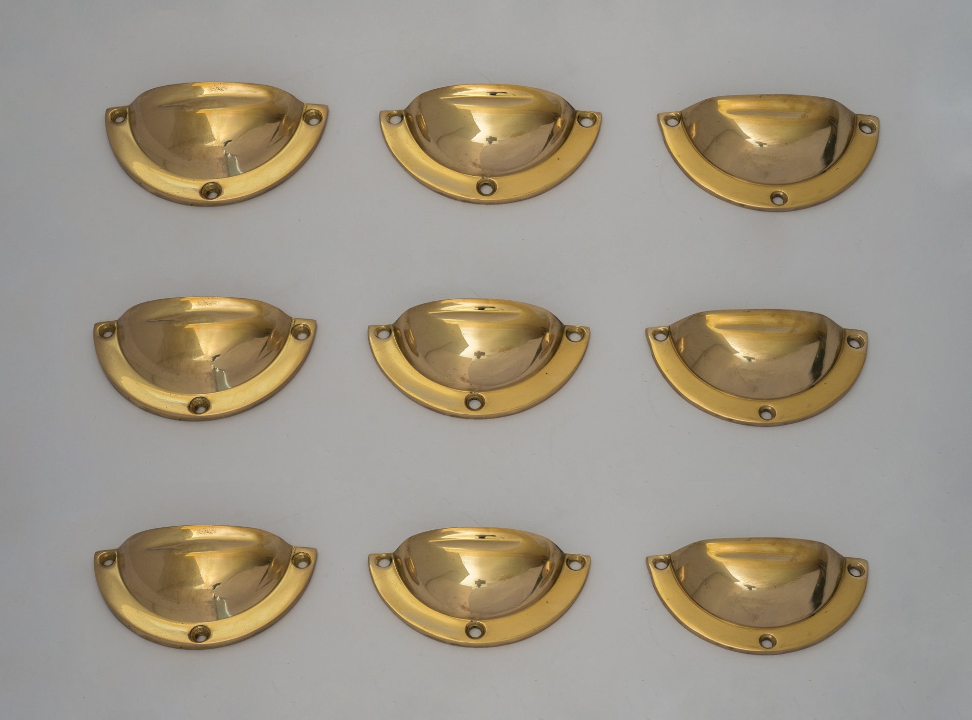 x3 Brass Kitchen Cup Handles, Handmade Cabinet Knobs, Unlacquered Brass Cup Pull Handles