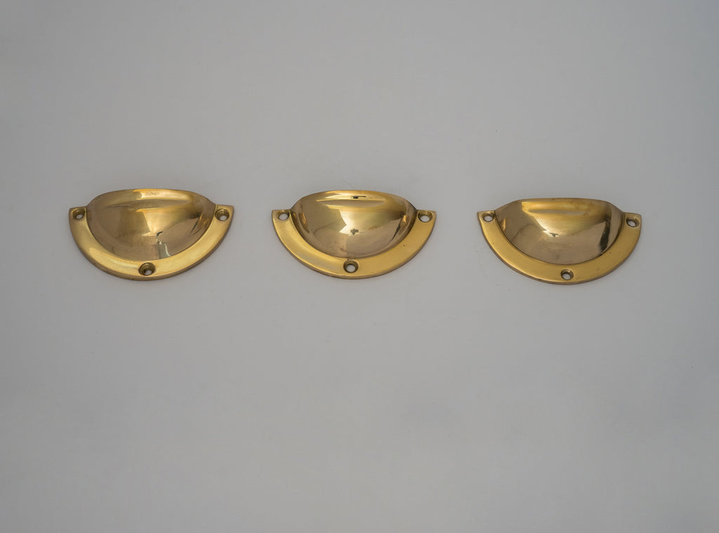 x3 Brass Kitchen Cup Handles, Handmade Cabinet Knobs, Unlacquered Brass Cup Pull Handles
