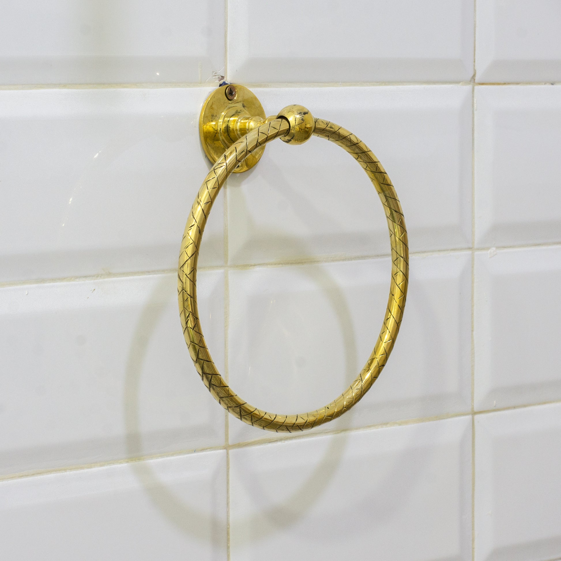 Unlacquered Brass Bathroom Towel Holder, Wall Mount Brass Towel Holder, Hand Etched Towel Ring