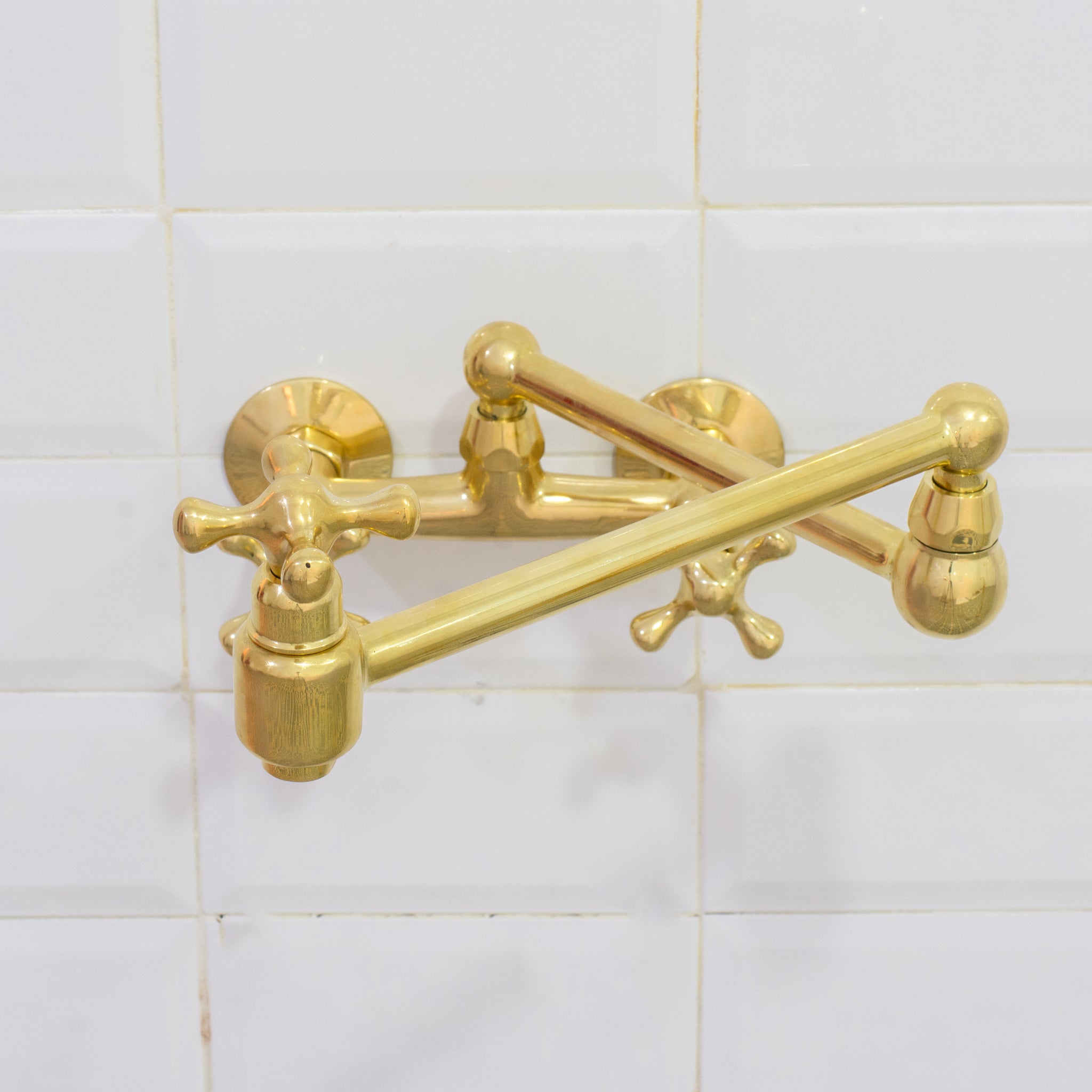 Unlacquered Brass Wall Mount Faucet, Brass Kitchen Faucet, Dual Handle Faucet