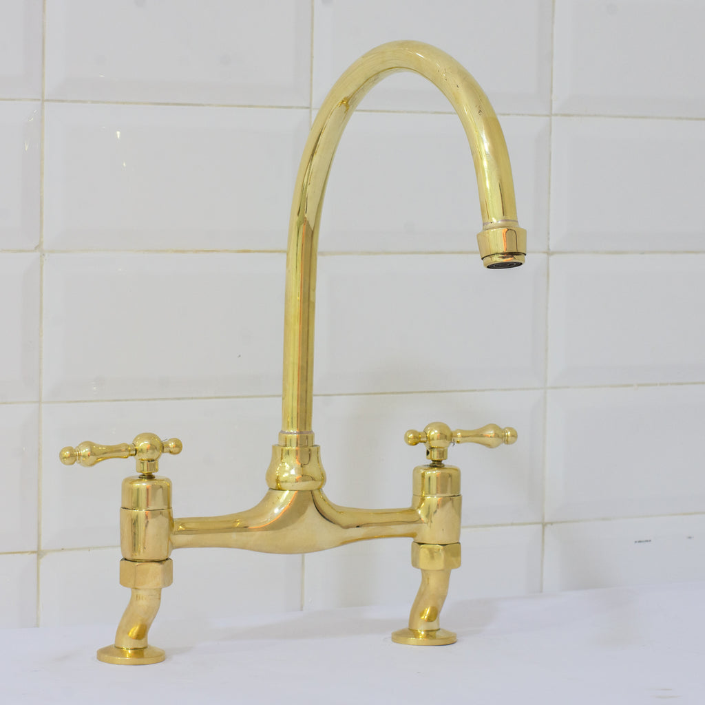 Unlacquered Brass Bridge Curved Legs Faucet, Arched Legs Faucet, Bridge Kitchen Faucet, 2-Hole Kitchen Faucet, Farmhouse Faucet
