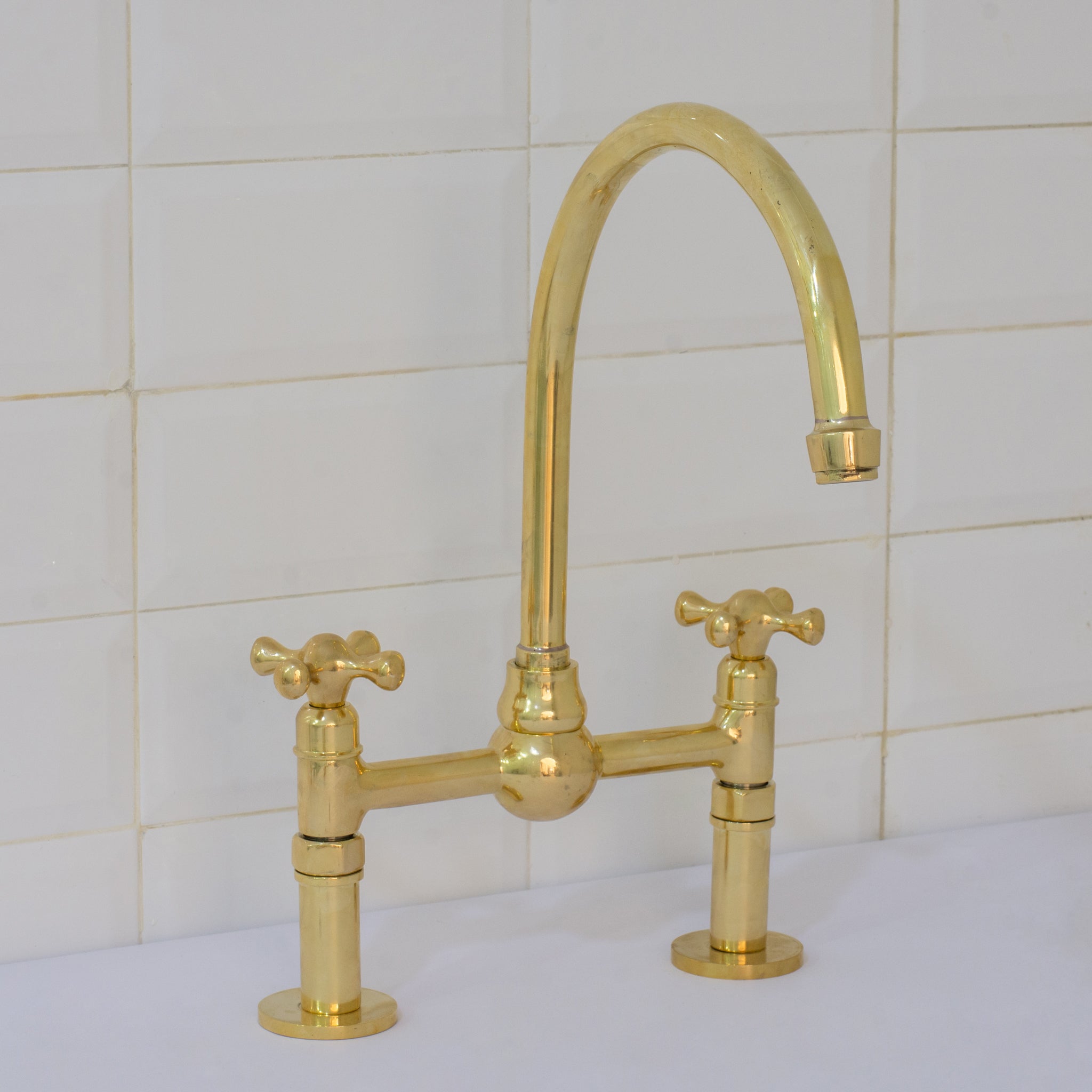 Unlacquered Brass Bridge Faucet, Kitchen Sink Faucet, Simple Cross Handles
