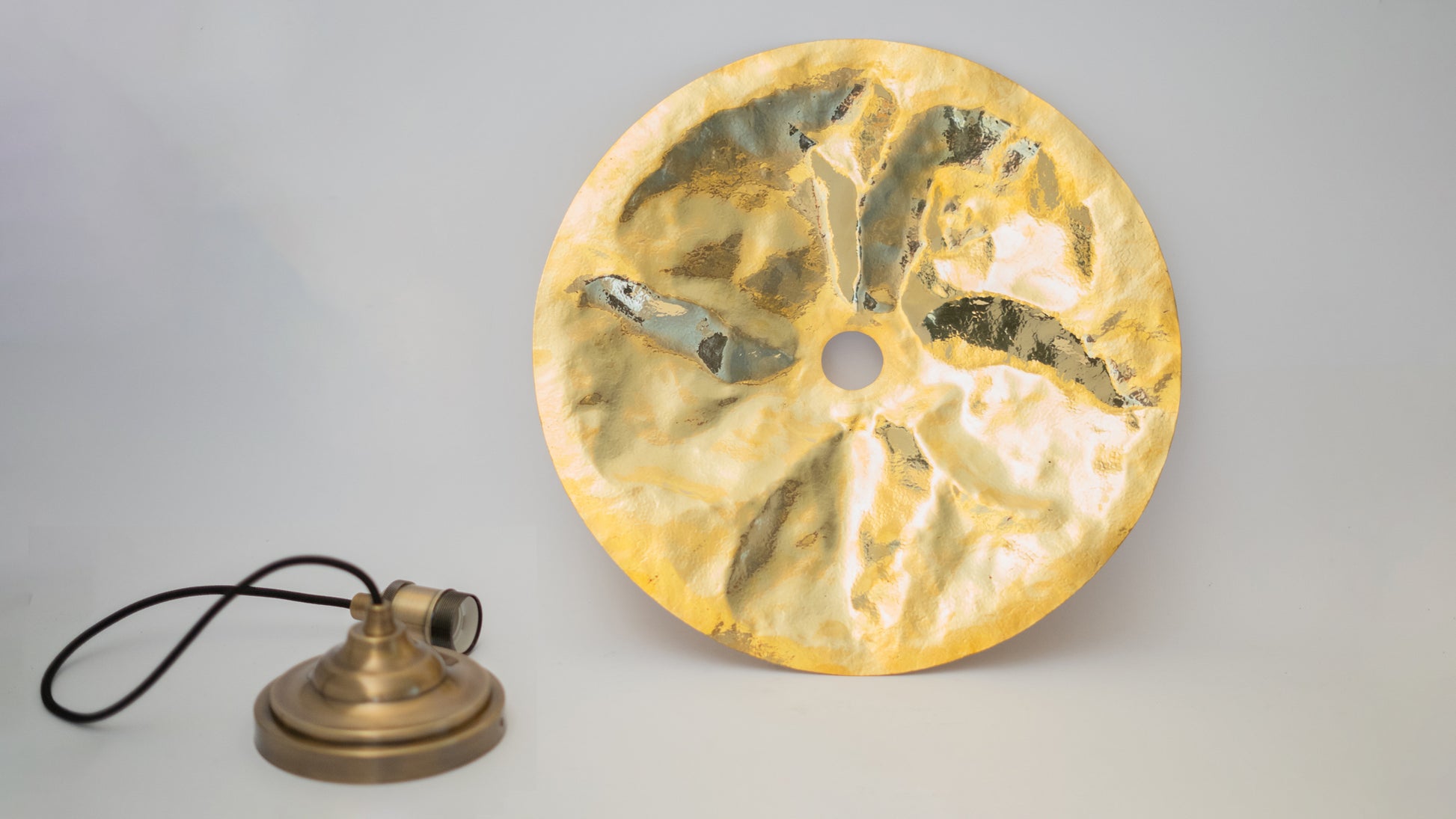 Hammered Brass Flat Disc Pendant Light, Brass Plate Lampshade, Flat Circle Shade
