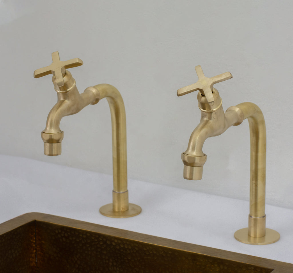 Solid Brass Deck-Mount Kitchen Bib Taps – Double Pillar Faucet Set for Hot & Cold Water