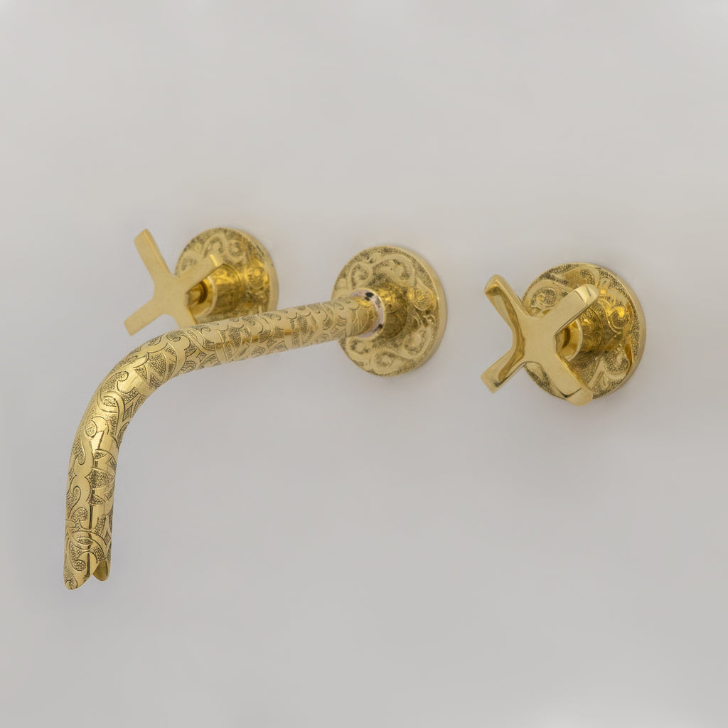 Unlacquered Brass Vintage Wall Mounted Bathroom Faucet with Gold Engraved Finish & Cross Handles