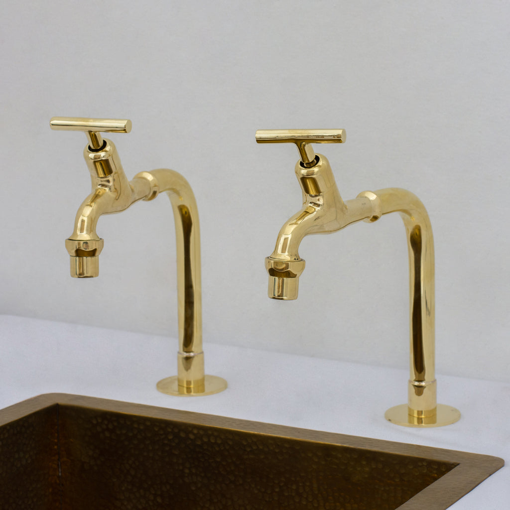 Solid Brass Deck-Mount Kitchen Bib Taps – Double Pillar Faucet Set for Hot & Cold Water