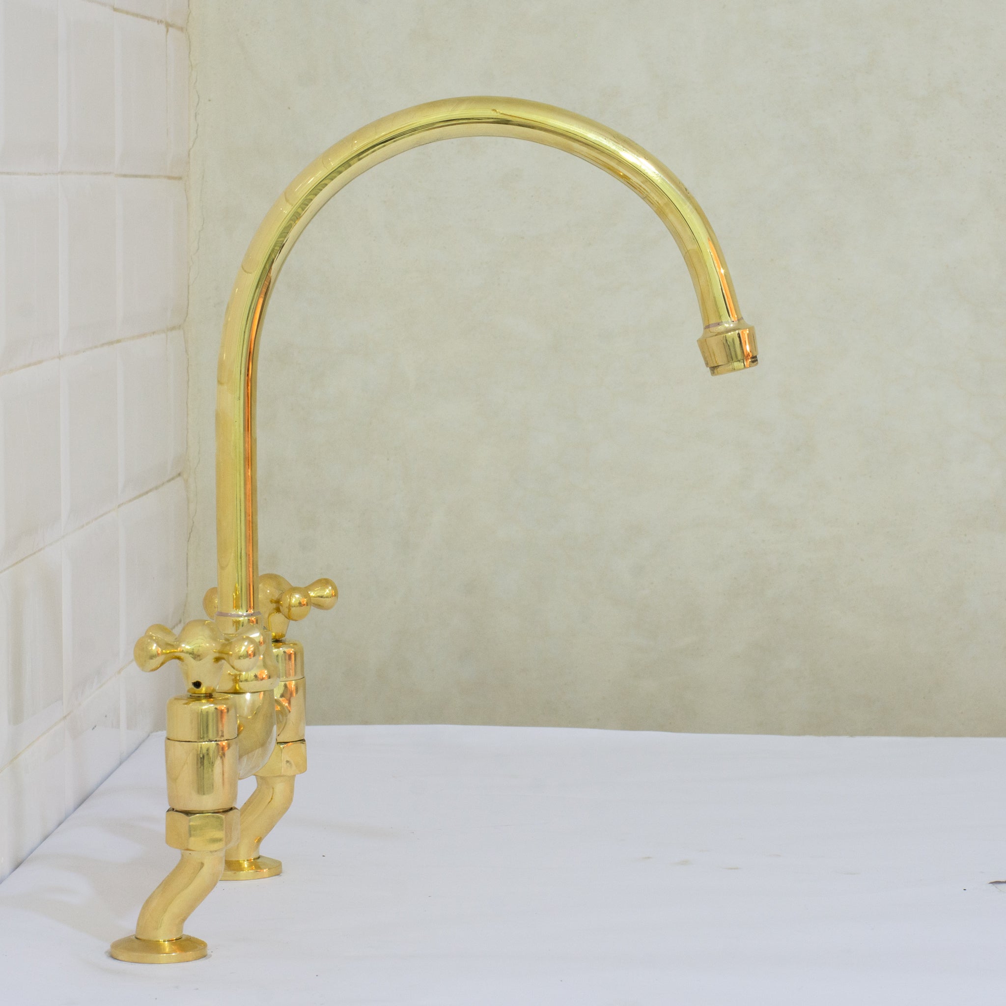 Unlacquered Brass Bridge Curved Legs Faucet, Arched Legs Faucet, Bridge Kitchen Faucet, 2-Hole Kitchen Faucet, Farmhouse Faucet