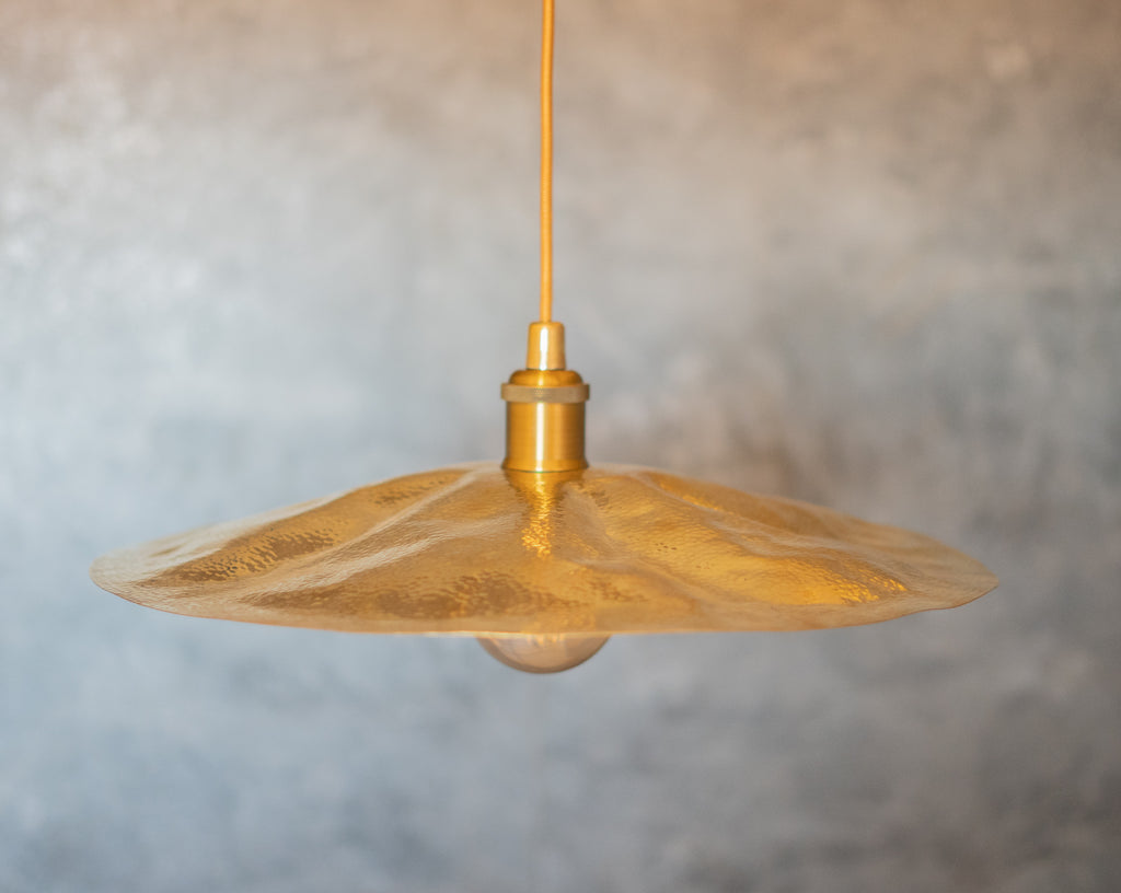 Hammered Brass Flat Disc Pendant Light, Brass Plate Lampshade, Flat Circle Shade