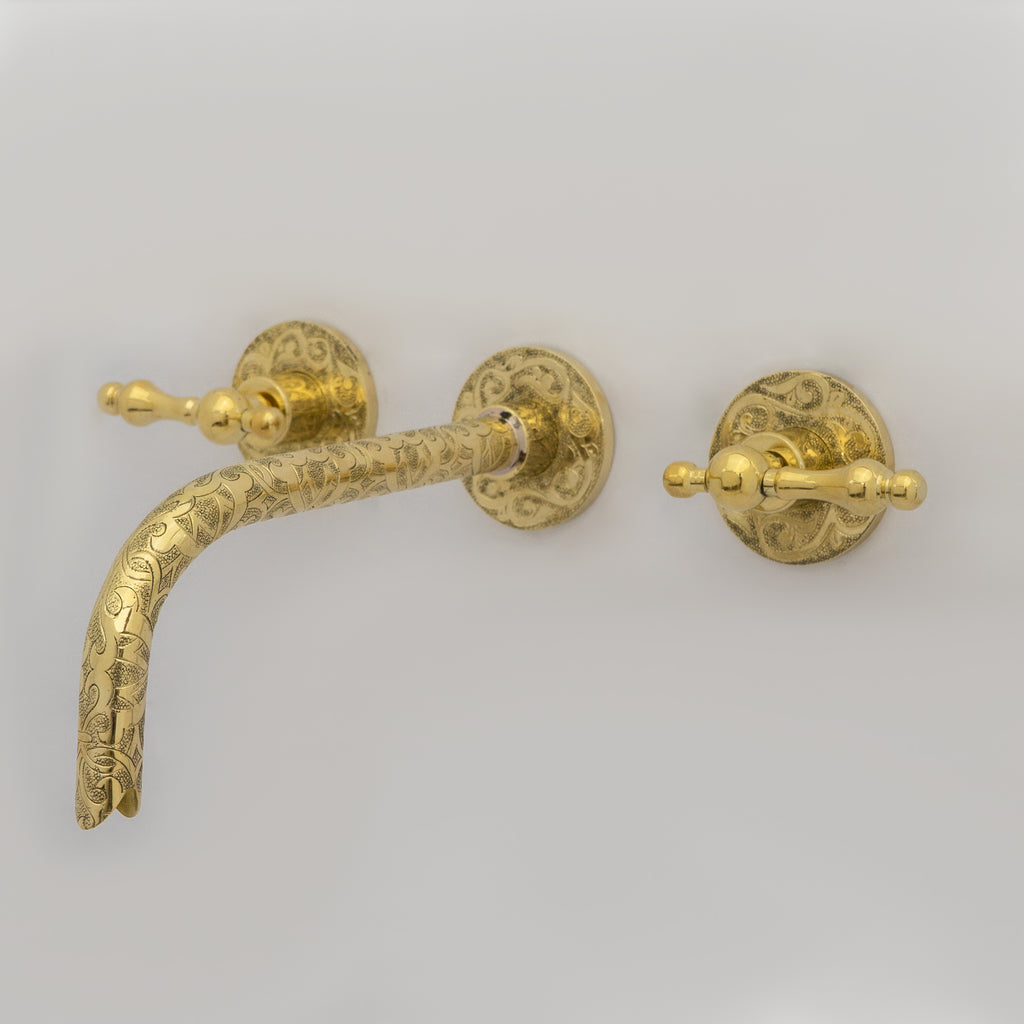 Unlacquered Brass Vintage Wall Mounted Bathroom Faucet with Gold Engraved Finish & Cross Handles