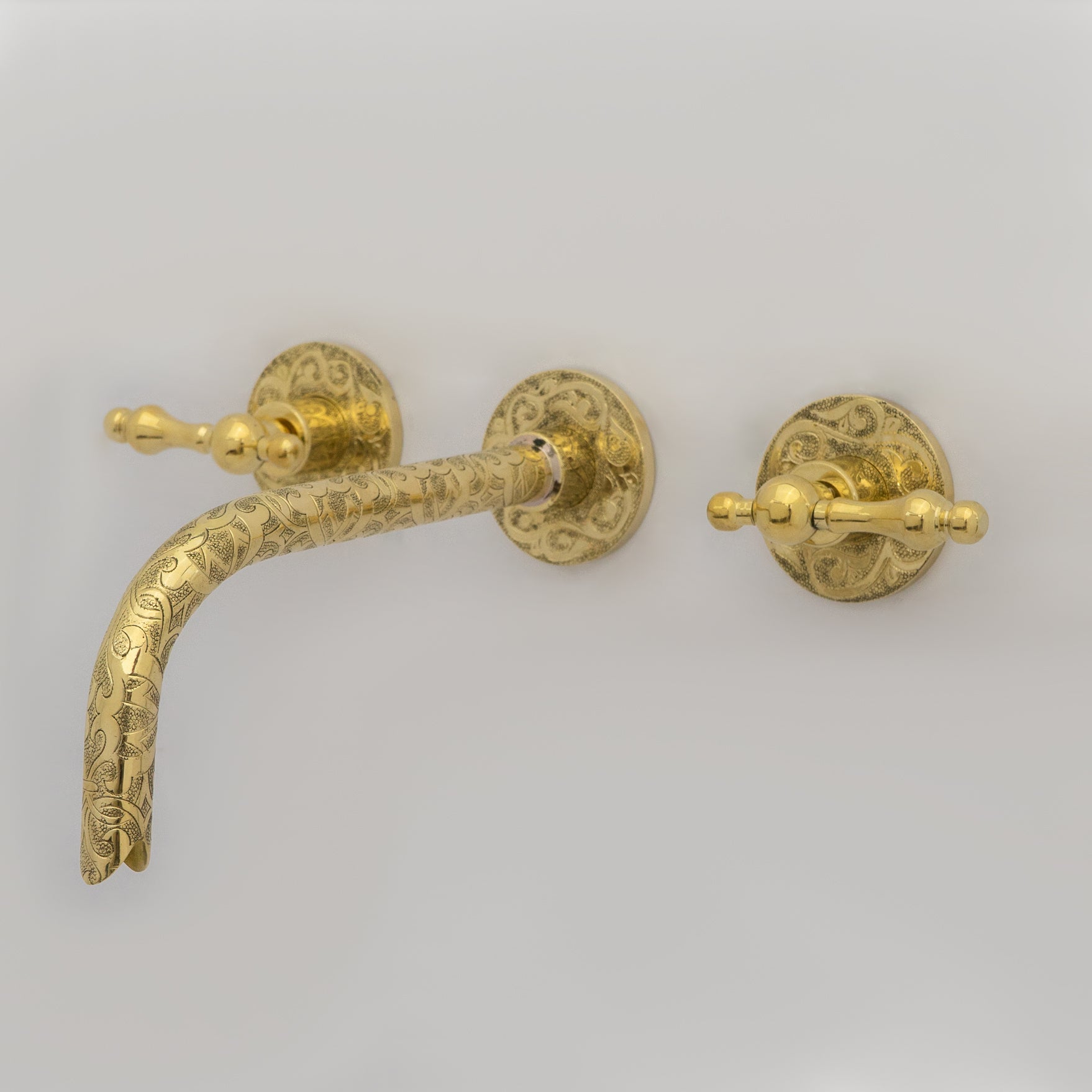 Unlacquered Brass Vintage Wall Mounted Bathroom Faucet with Gold Engraved Finish & Cross Handles