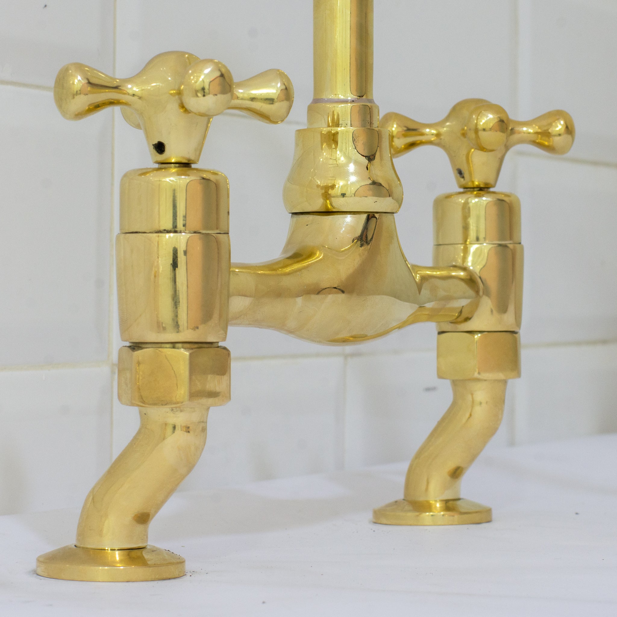 Unlacquered Brass Bridge Curved Legs Faucet, Arched Legs Faucet, Bridge Kitchen Faucet, 2-Hole Kitchen Faucet, Farmhouse Faucet