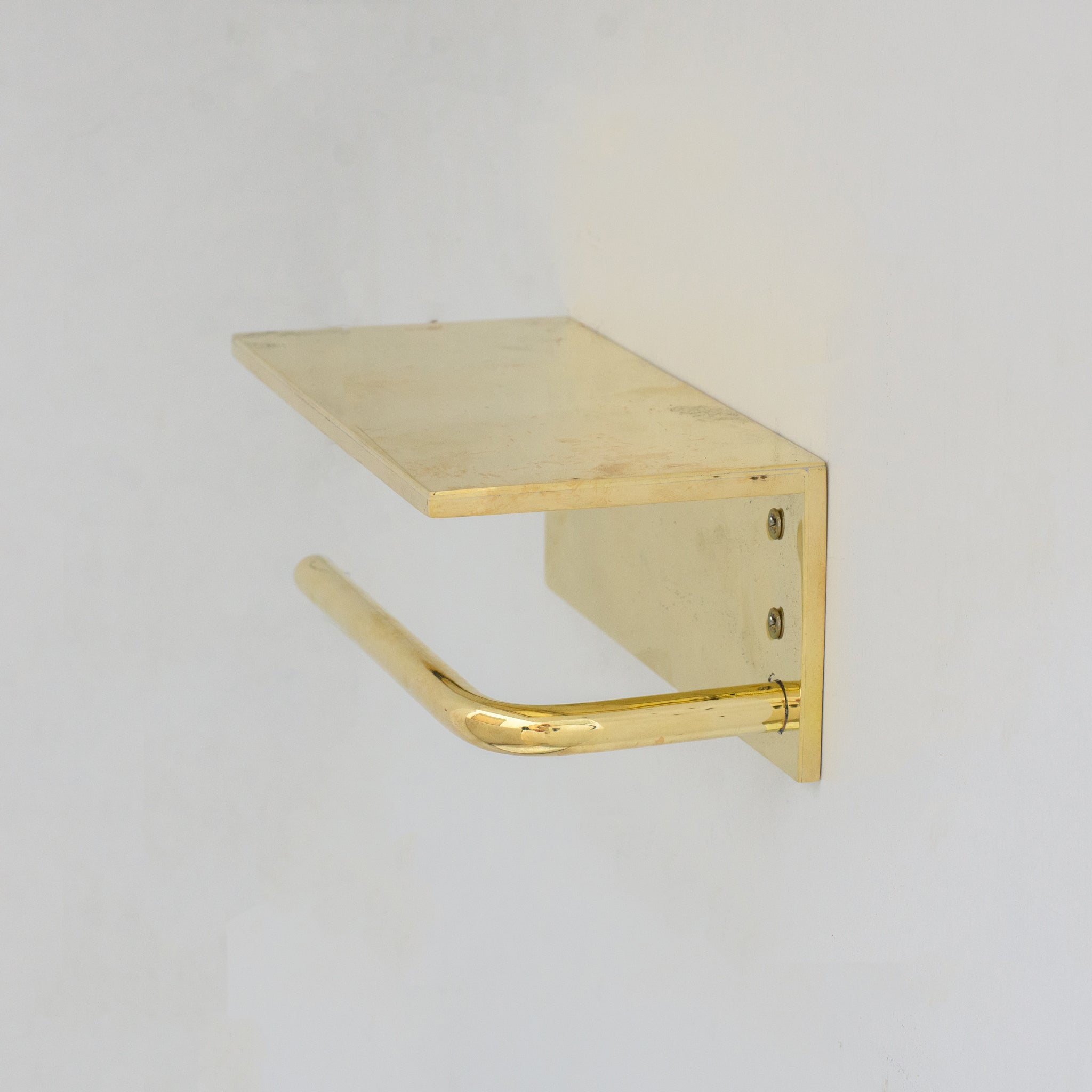 Unlacquered Brass Bathroom Floating Shelf With Hook, Wall Mount Shelf With Toilet Paper Holder