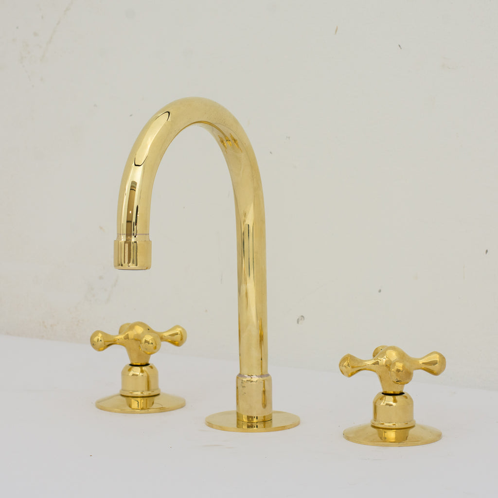 Deck Mounted Unlacquered Brass Faucet, Vanity Sink Faucet, Antique Brass Bathroom Faucet