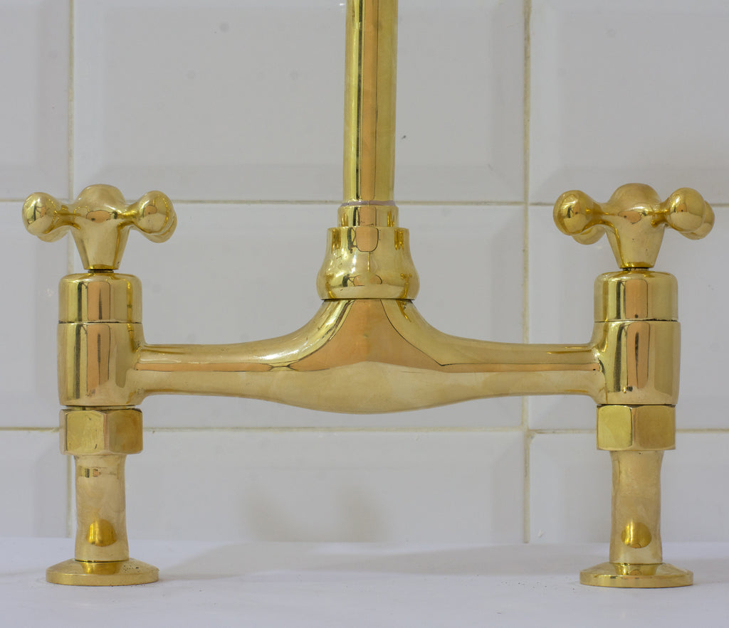Unlacquered Brass Bridge Curved Legs Faucet, Arched Legs Faucet, Bridge Kitchen Faucet, 2-Hole Kitchen Faucet, Farmhouse Faucet