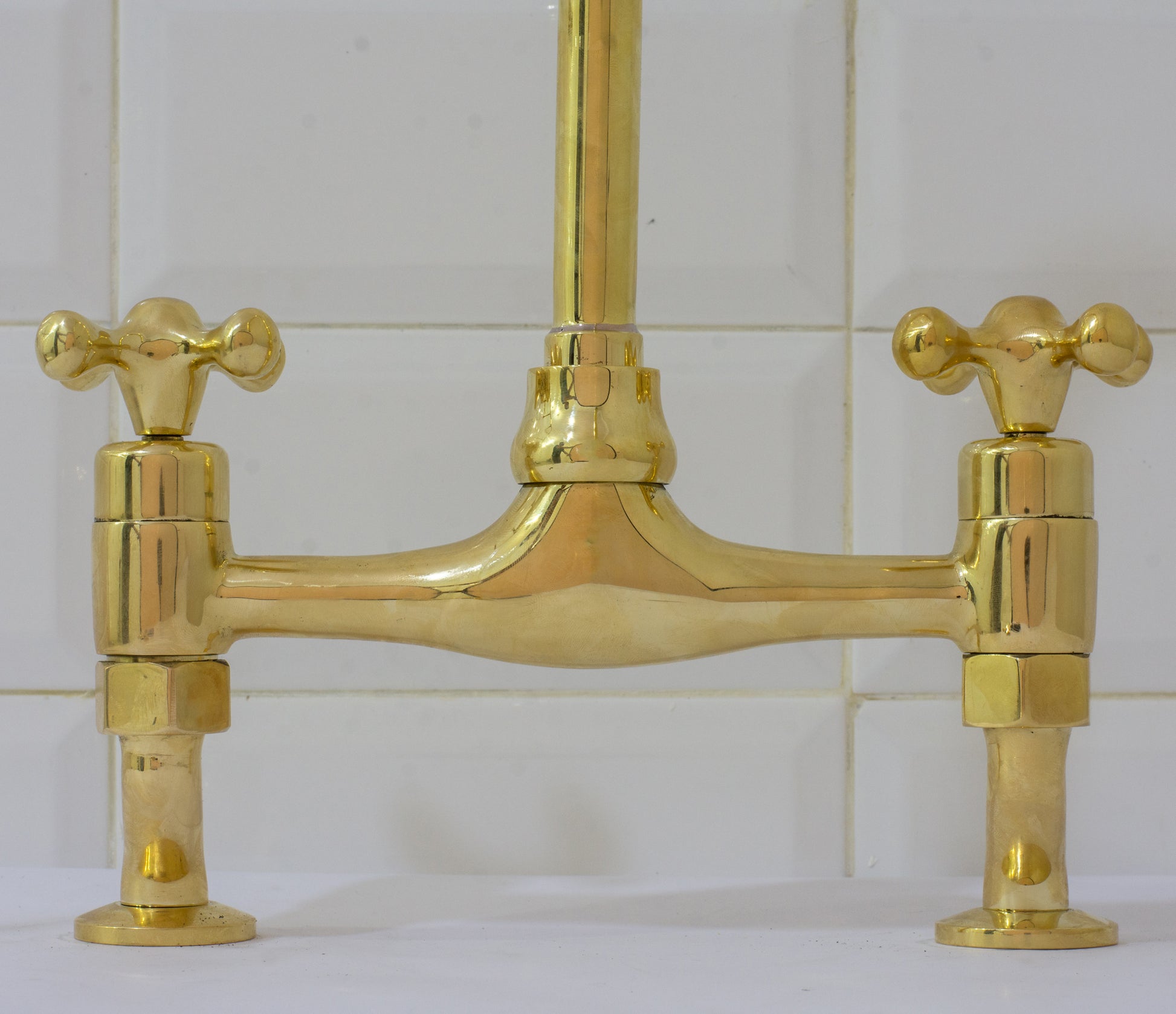 Unlacquered Brass Bridge Curved Legs Faucet, Arched Legs Faucet, Bridge Kitchen Faucet, 2-Hole Kitchen Faucet, Farmhouse Faucet