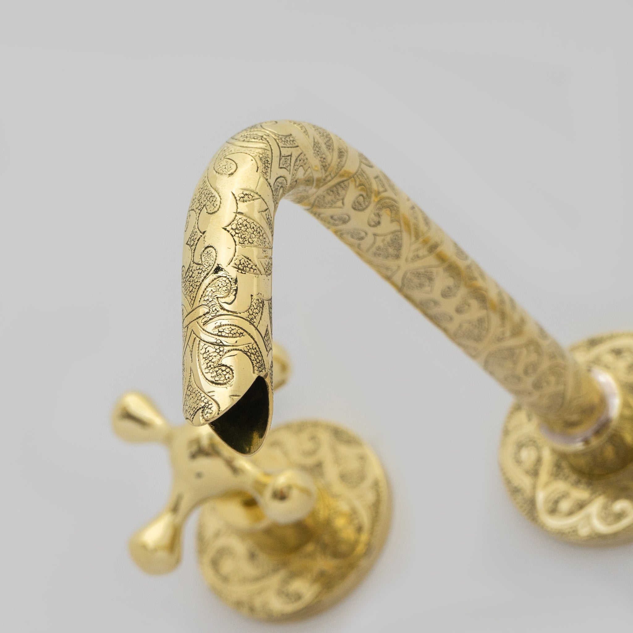 Unlacquered Brass Vintage Wall Mounted Bathroom Faucet with Gold Engraved Finish & Cross Handles