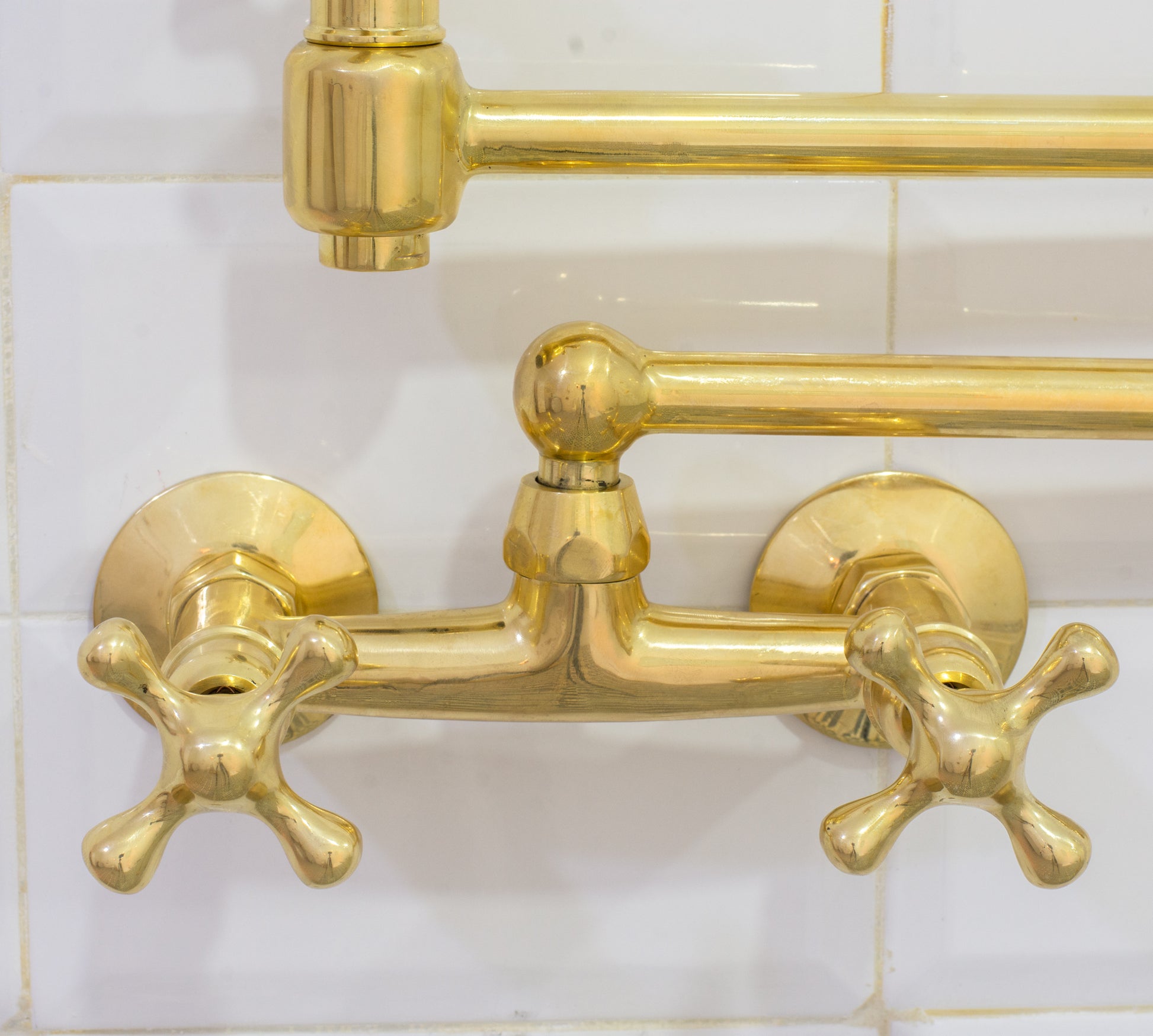 Unlacquered Brass Wall Mount Faucet, Brass Kitchen Faucet, Dual Handle Faucet