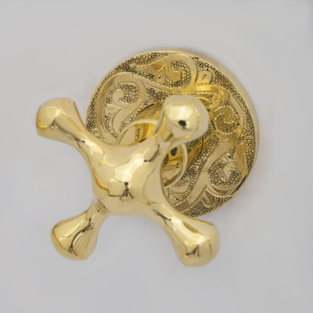 Unlacquered Brass Vintage Wall Mounted Bathroom Faucet with Gold Engraved Finish & Cross Handles