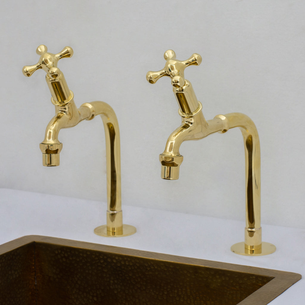 Solid Brass Deck-Mount Kitchen Bib Taps – Double Pillar Faucet Set for Hot & Cold Water