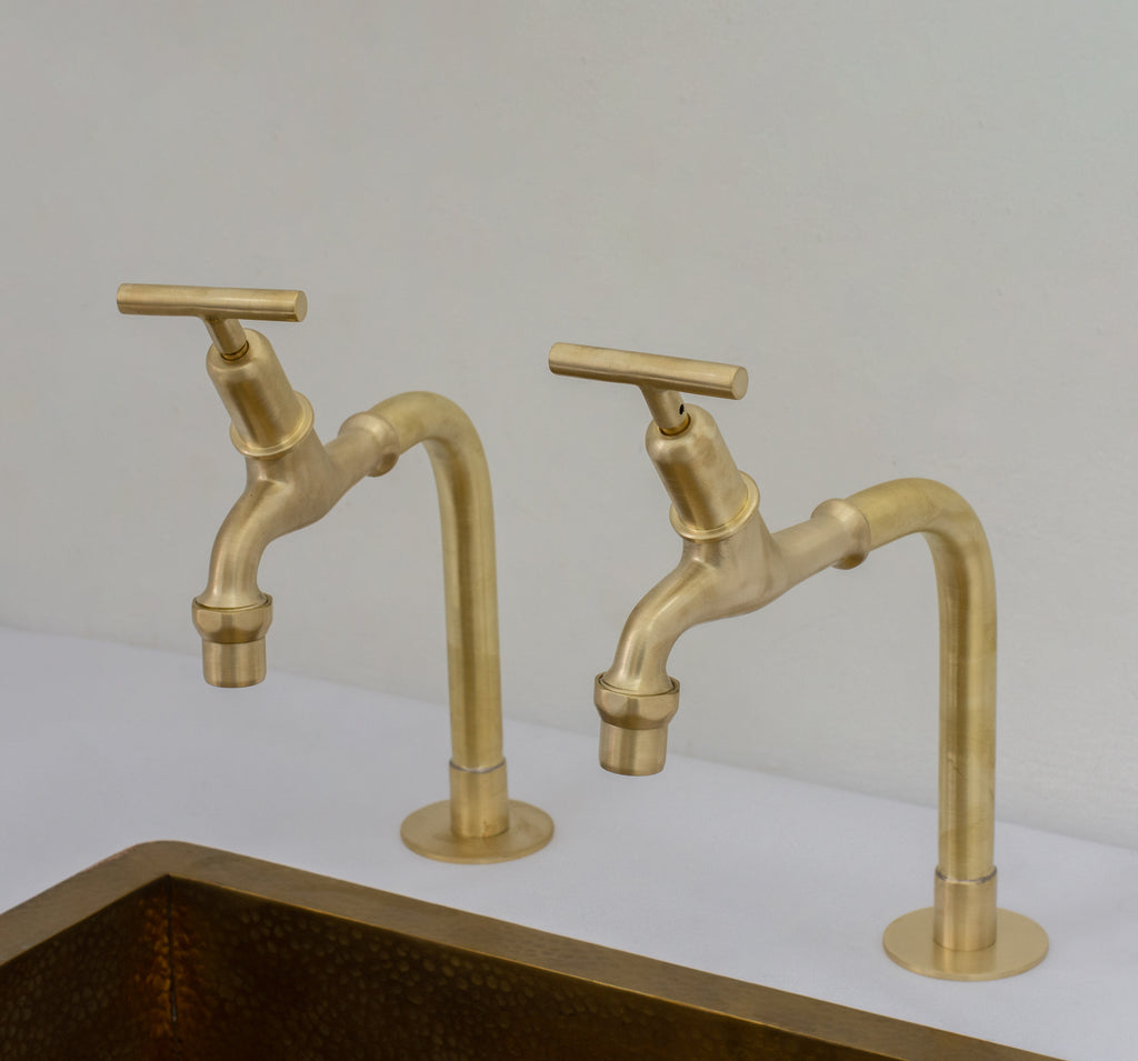 Solid Brass Deck-Mount Kitchen Bib Taps – Double Pillar Faucet Set for Hot & Cold Water