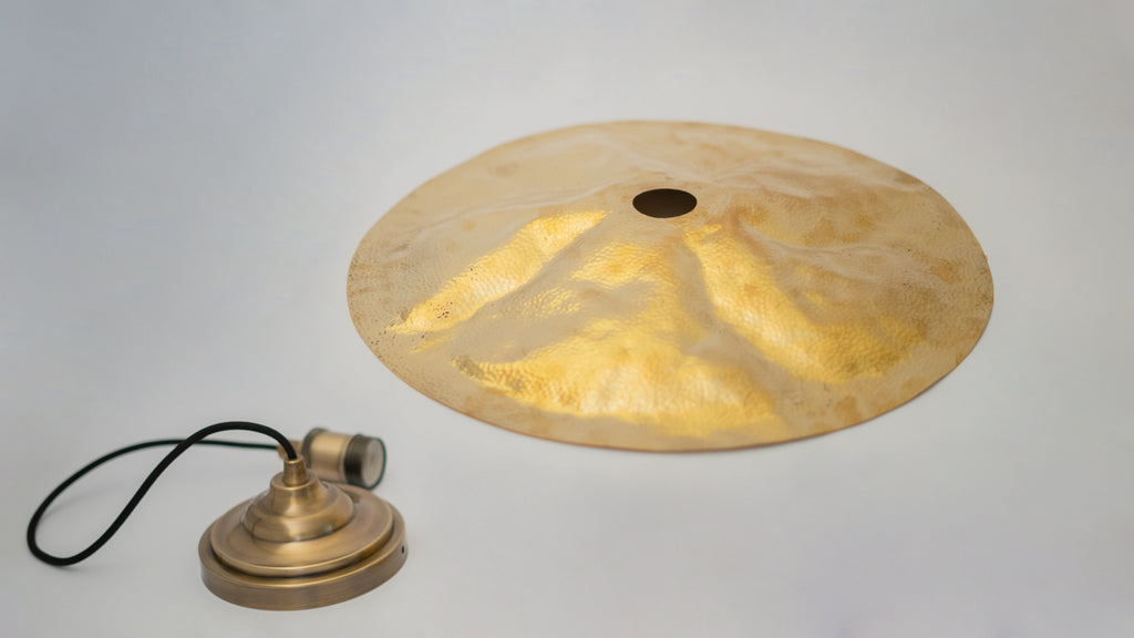 Hammered Brass Flat Disc Pendant Light, Brass Plate Lampshade, Flat Circle Shade