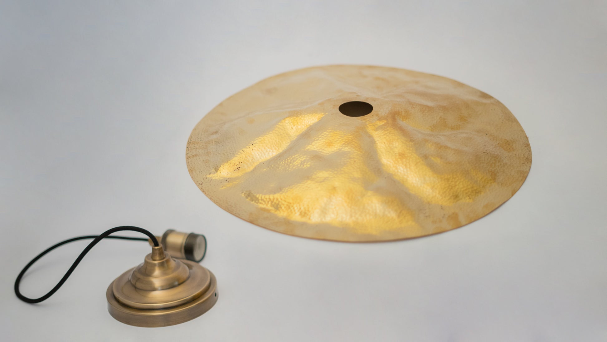 Hammered Brass Flat Disc Pendant Light, Brass Plate Lampshade, Flat Circle Shade