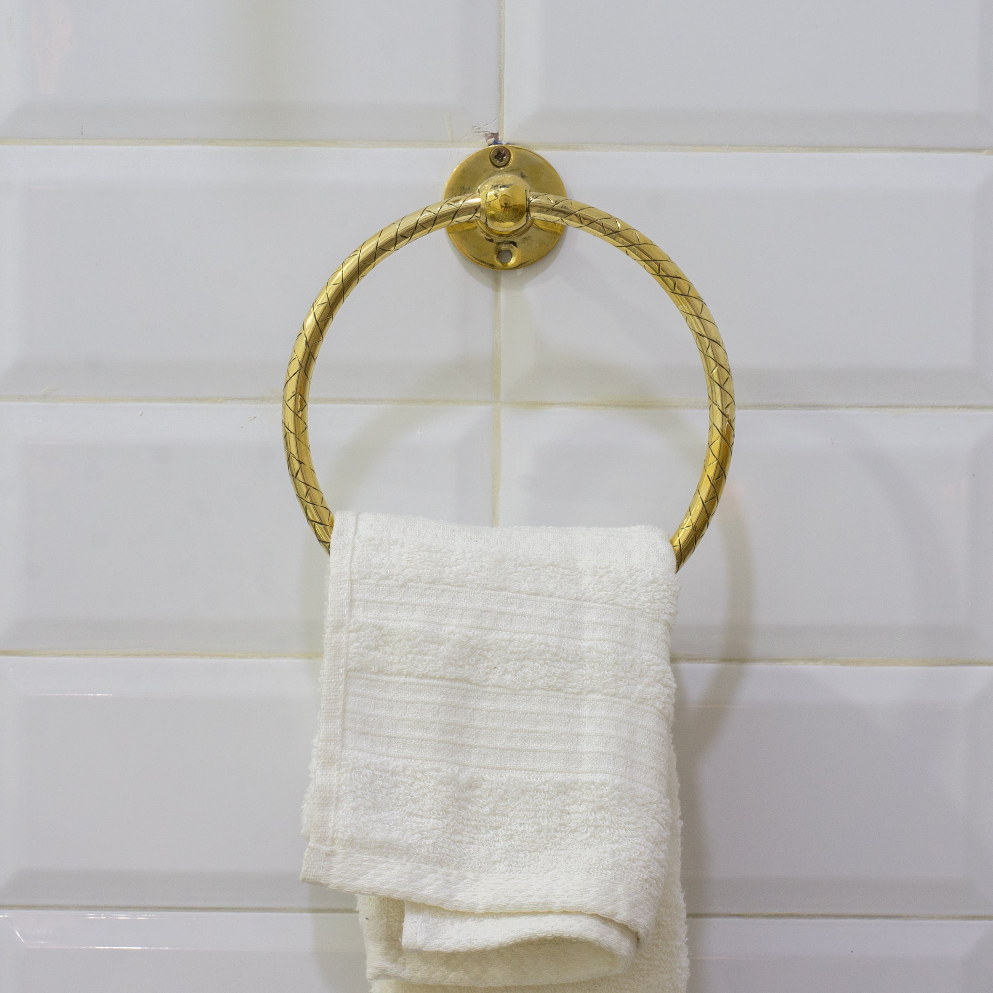 Unlacquered Brass Bathroom Towel Holder, Wall Mount Brass Towel Holder, Hand Etched Towel Ring