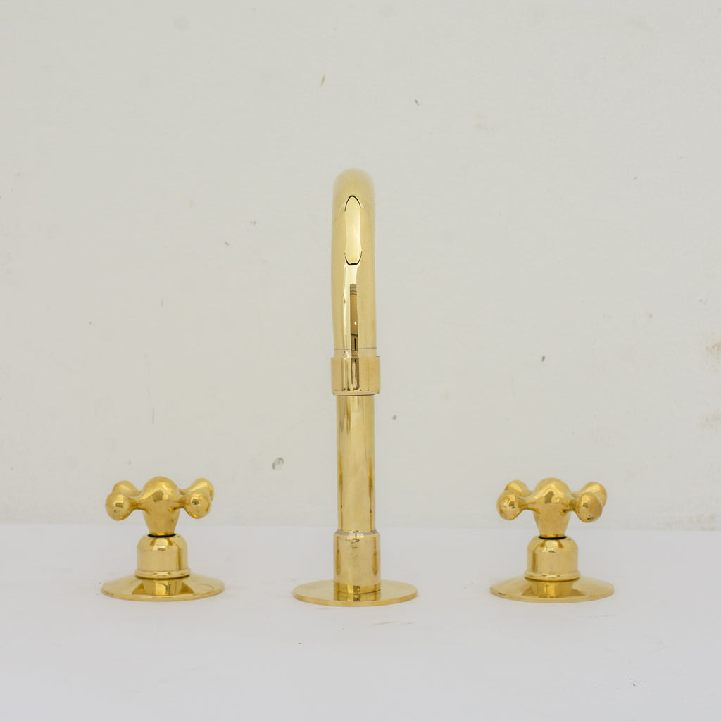 Deck Mounted Unlacquered Brass Faucet, Vanity Sink Faucet, Antique Brass Bathroom Faucet