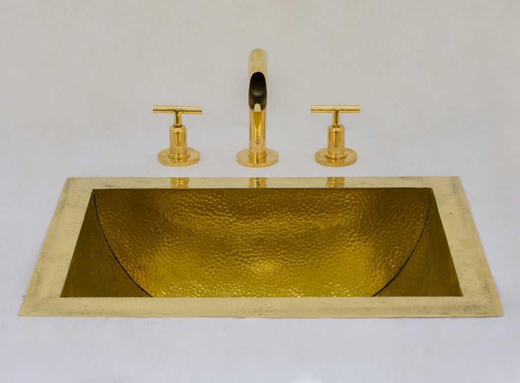Solid Brass Undermount Bathroom Sink, Hammered Drop-in Vanity Sink With 3-Hole Waterfall Faucet, Undermount Deep Curved Basin