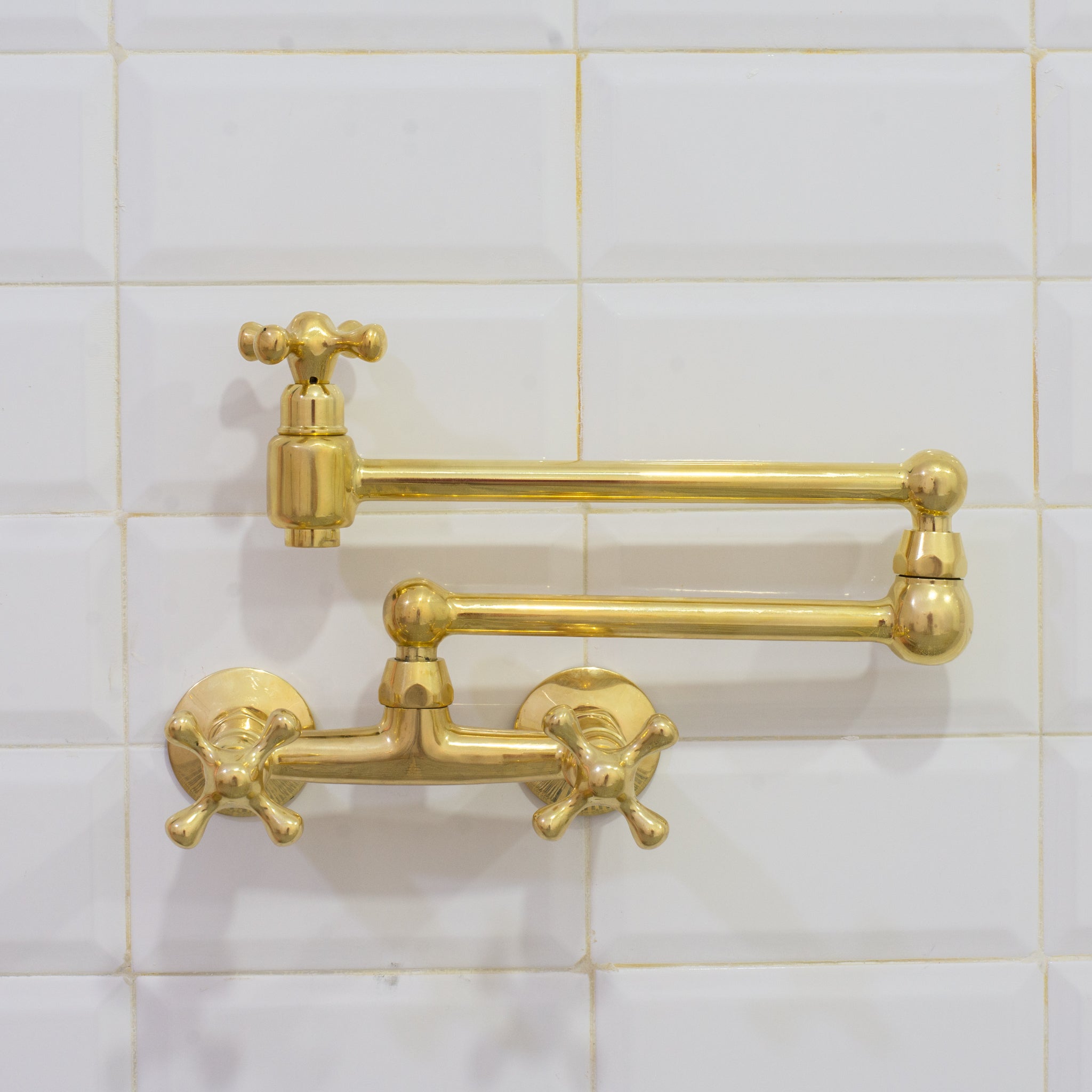 Unlacquered Brass Wall Mount Faucet, Brass Kitchen Faucet, Dual Handle Faucet
