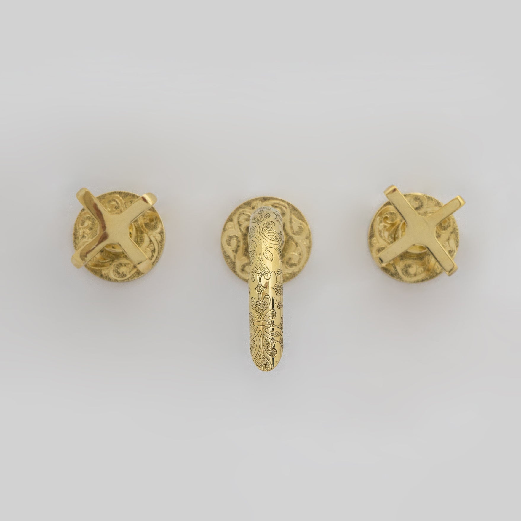 Unlacquered Brass Vintage Wall Mounted Bathroom Faucet with Gold Engraved Finish & Cross Handles