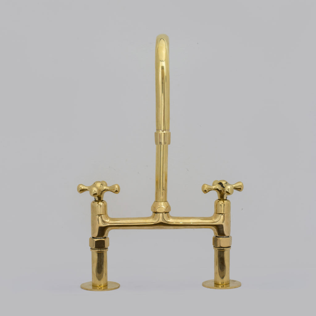 Traditional 8″ Brass Bridge Kitchen Faucet with Square Spout | Two Handles
