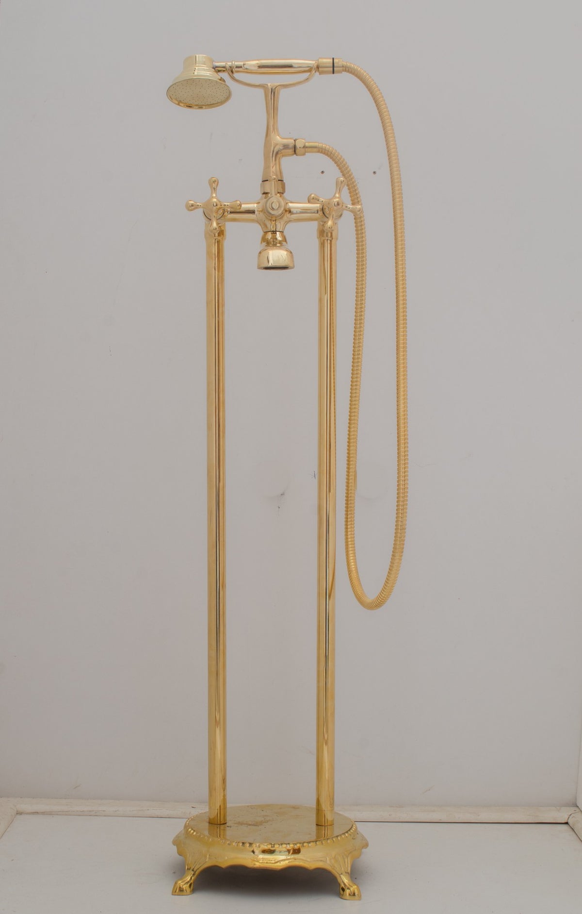 Unlacquered Brass Freestanding Tub Filler, Solid Brass Tub Faucet With Handheld, Floor Mount Bathtub Faucet