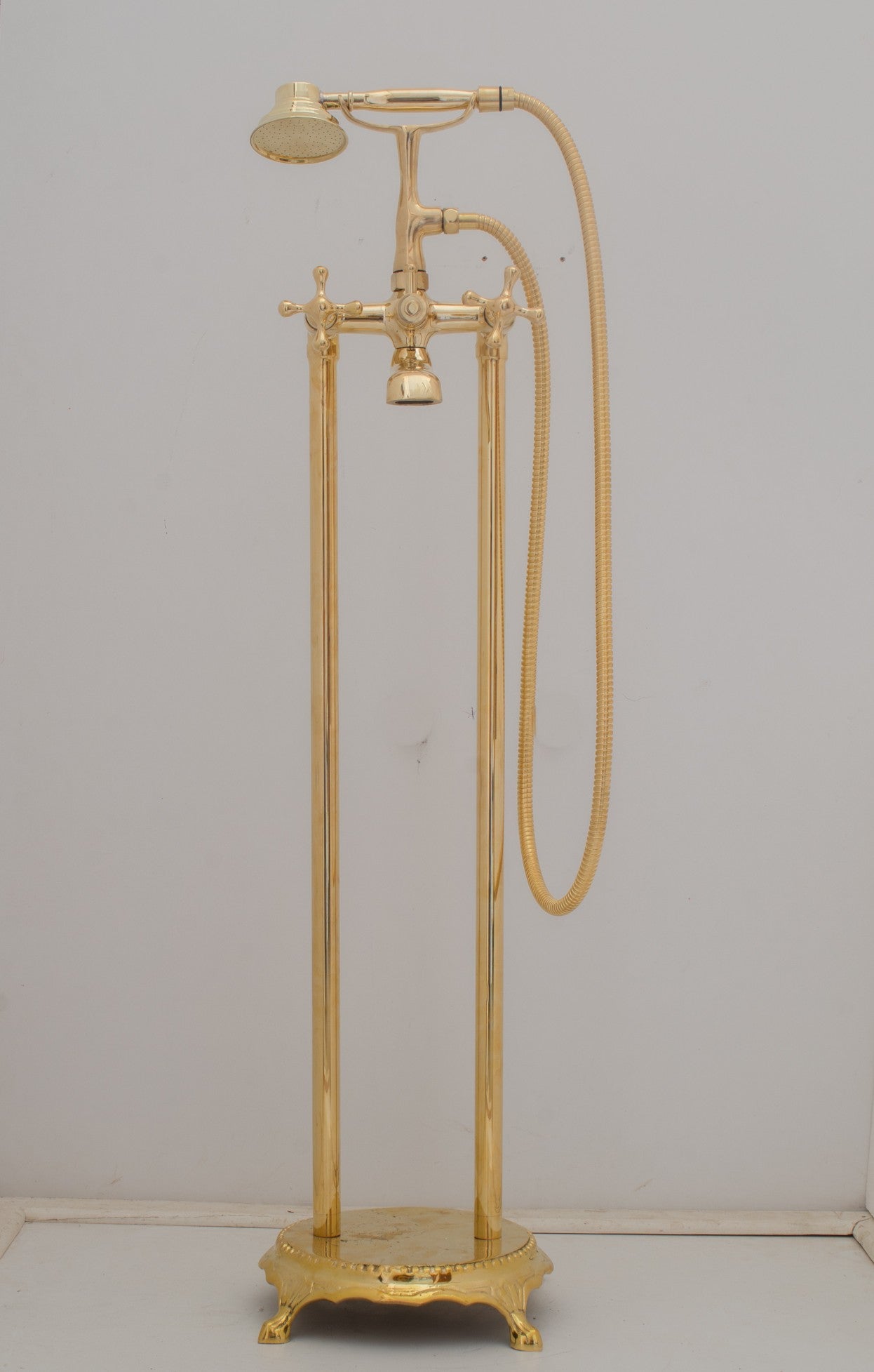 Unlacquered Brass Freestanding Tub Filler, Solid Brass Tub Faucet With Handheld, Floor Mount Bathtub Faucet