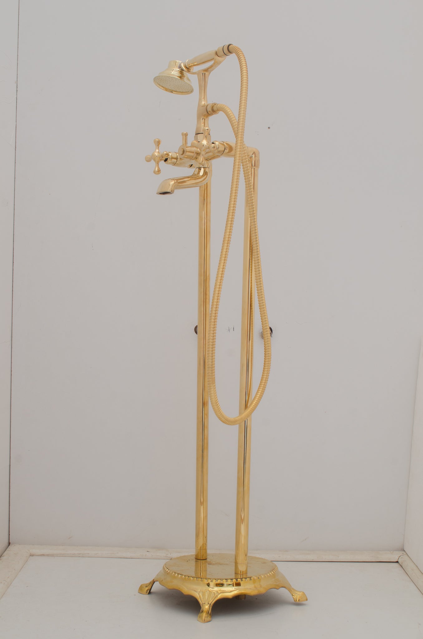 Unlacquered Brass Freestanding Tub Filler, Solid Brass Tub Faucet With Handheld, Floor Mount Bathtub Faucet