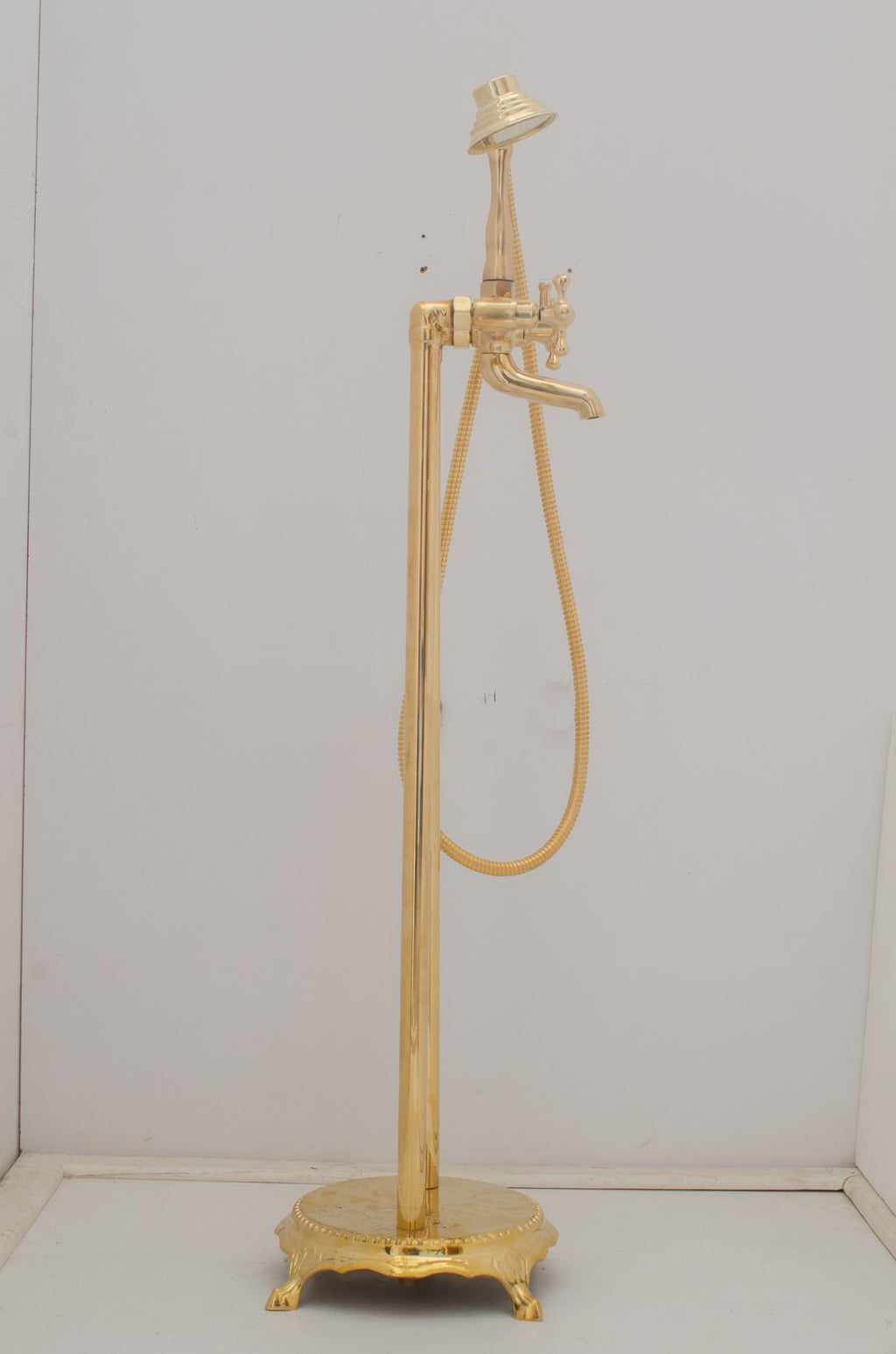 Unlacquered Brass Freestanding Tub Filler, Solid Brass Tub Faucet With Handheld, Floor Mount Bathtub Faucet