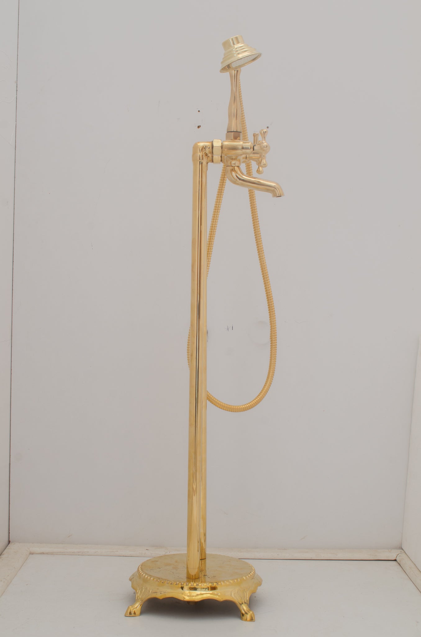 Unlacquered Brass Freestanding Tub Filler, Solid Brass Tub Faucet With Handheld, Floor Mount Bathtub Faucet