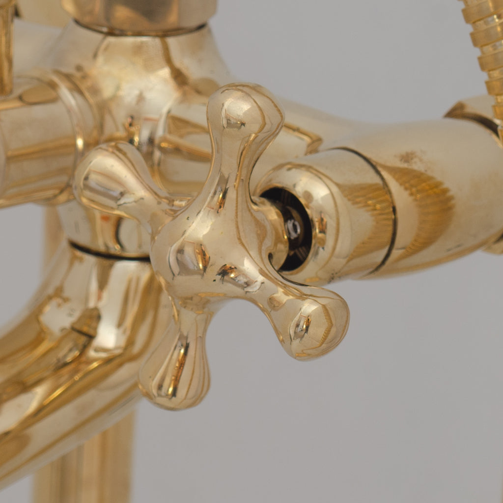 Unlacquered Brass Freestanding Tub Filler, Solid Brass Tub Faucet With Handheld, Floor Mount Bathtub Faucet